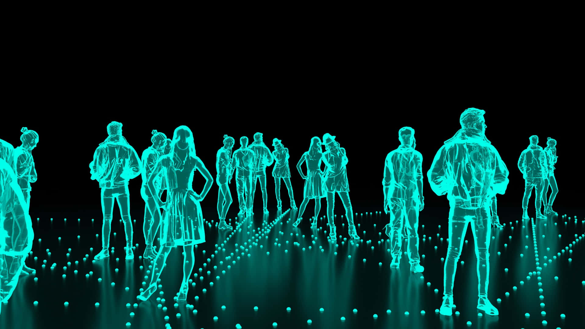 glowing cyan wireframe human figures, dark floor, bright cyan lights, Full HD Desktop Wallpaper
