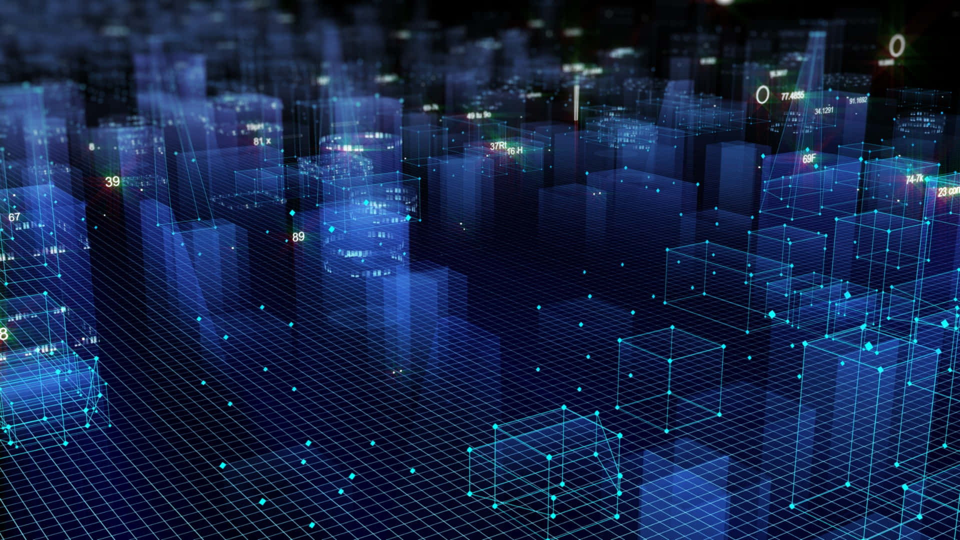 Metaverse, digital cityscape, glowing blue data cubes, Full HD Desktop Wallpaper