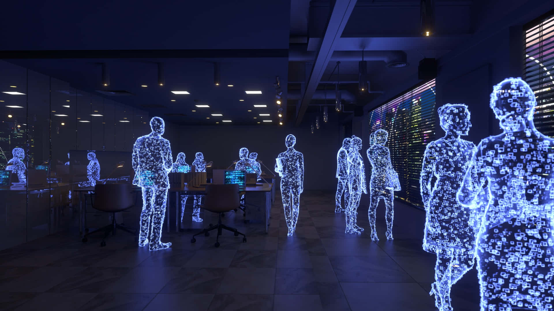 Metaverse, glowing blue digital human figures, modern office, Full HD Desktop Wallpaper