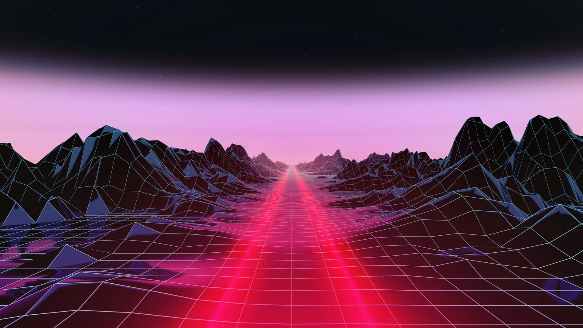 neon pink grid road, glowing horizon, angular purple mountains, Full HD Desktop Wallpaper