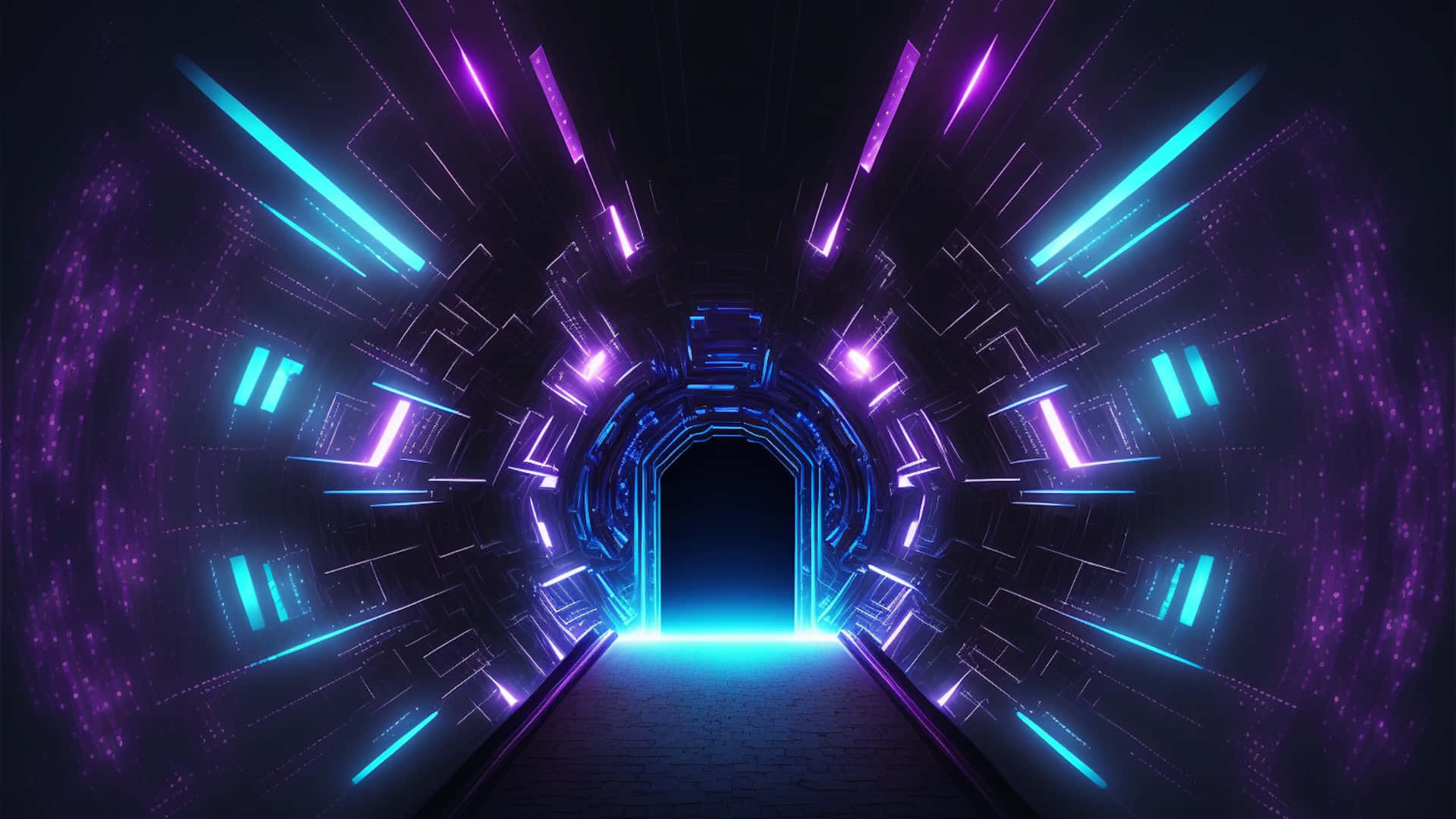 futuristic tunnel, glowing blue and purple neon lights, bright blue exit, Full HD Desktop Wallpaper