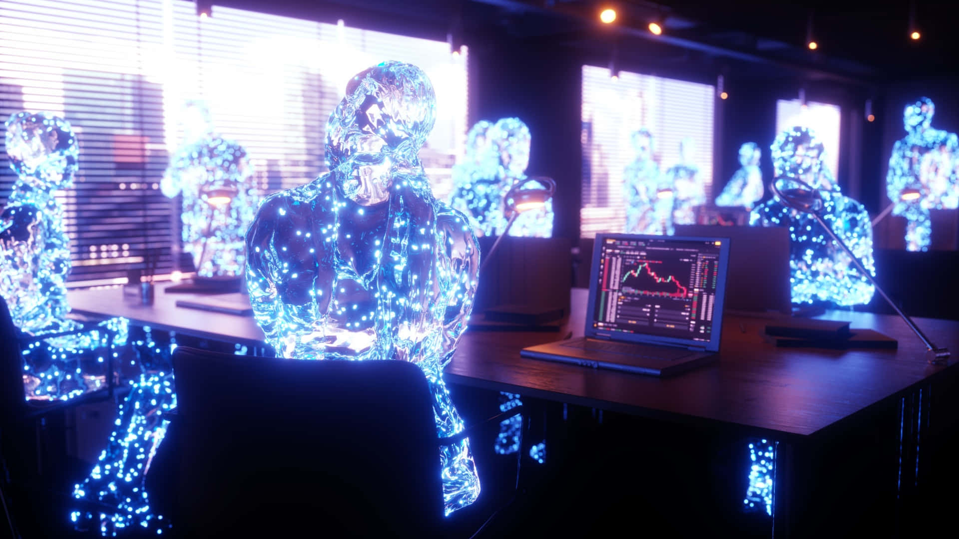 Metaverse, glowing blue digital human figures, dark room, Full HD Desktop Wallpaper