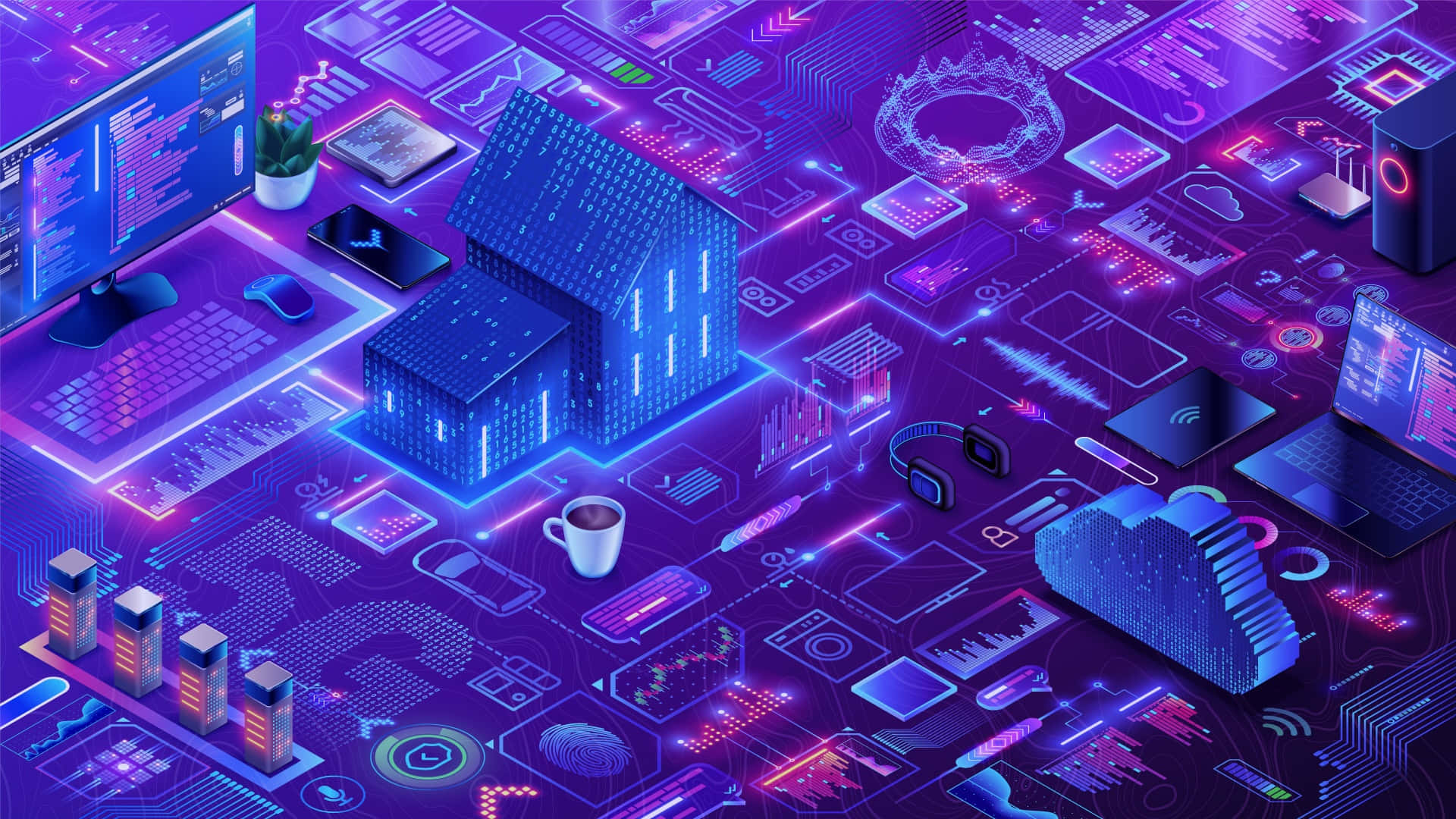 Metaverse, glowing blue house, vibrant purple circuit board, Full HD Desktop Wallpaper