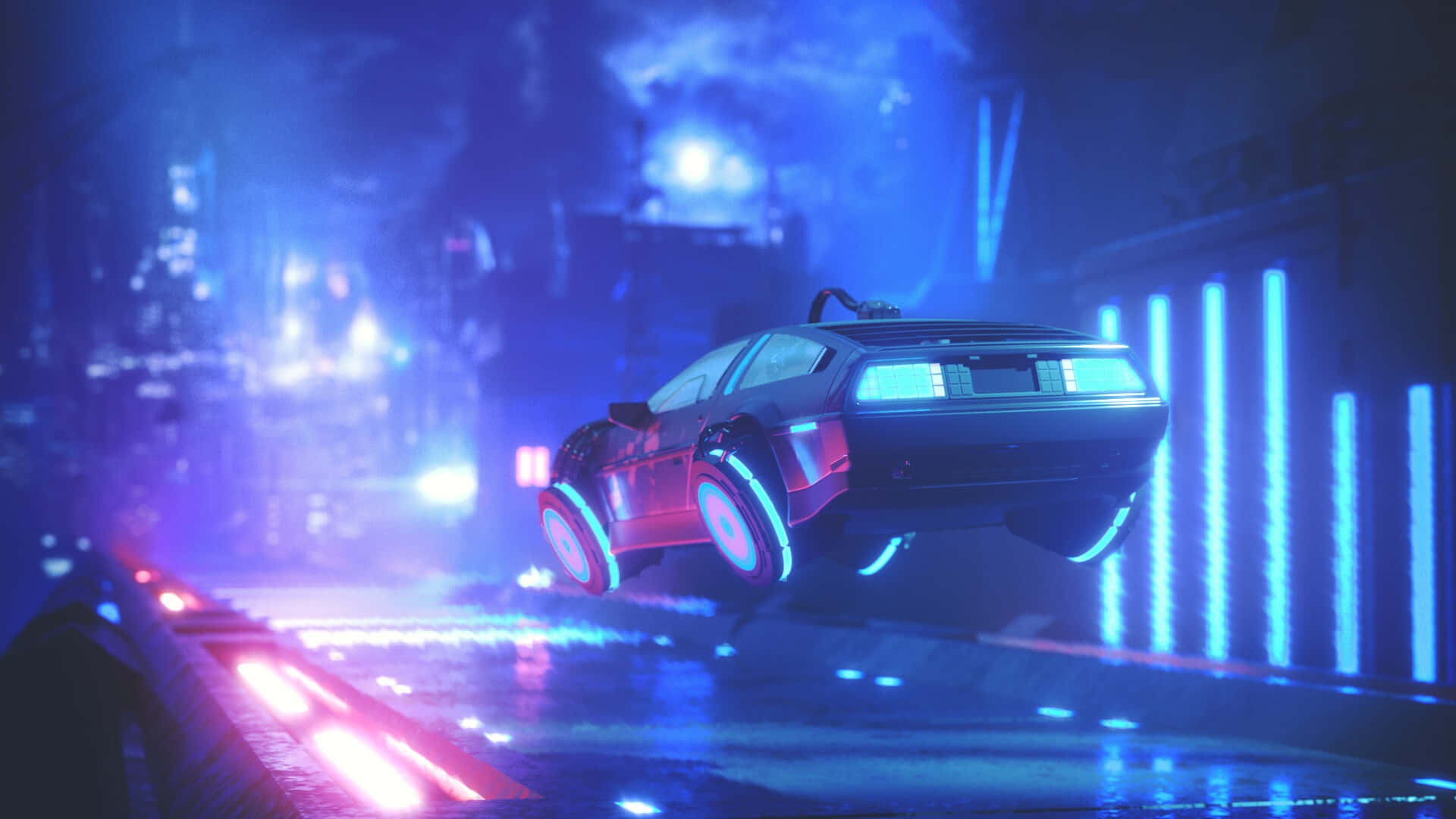 neon-lit wet street, futuristic cyberpunk city, glowing blue and red hover car, Full HD Desktop Wallpaper