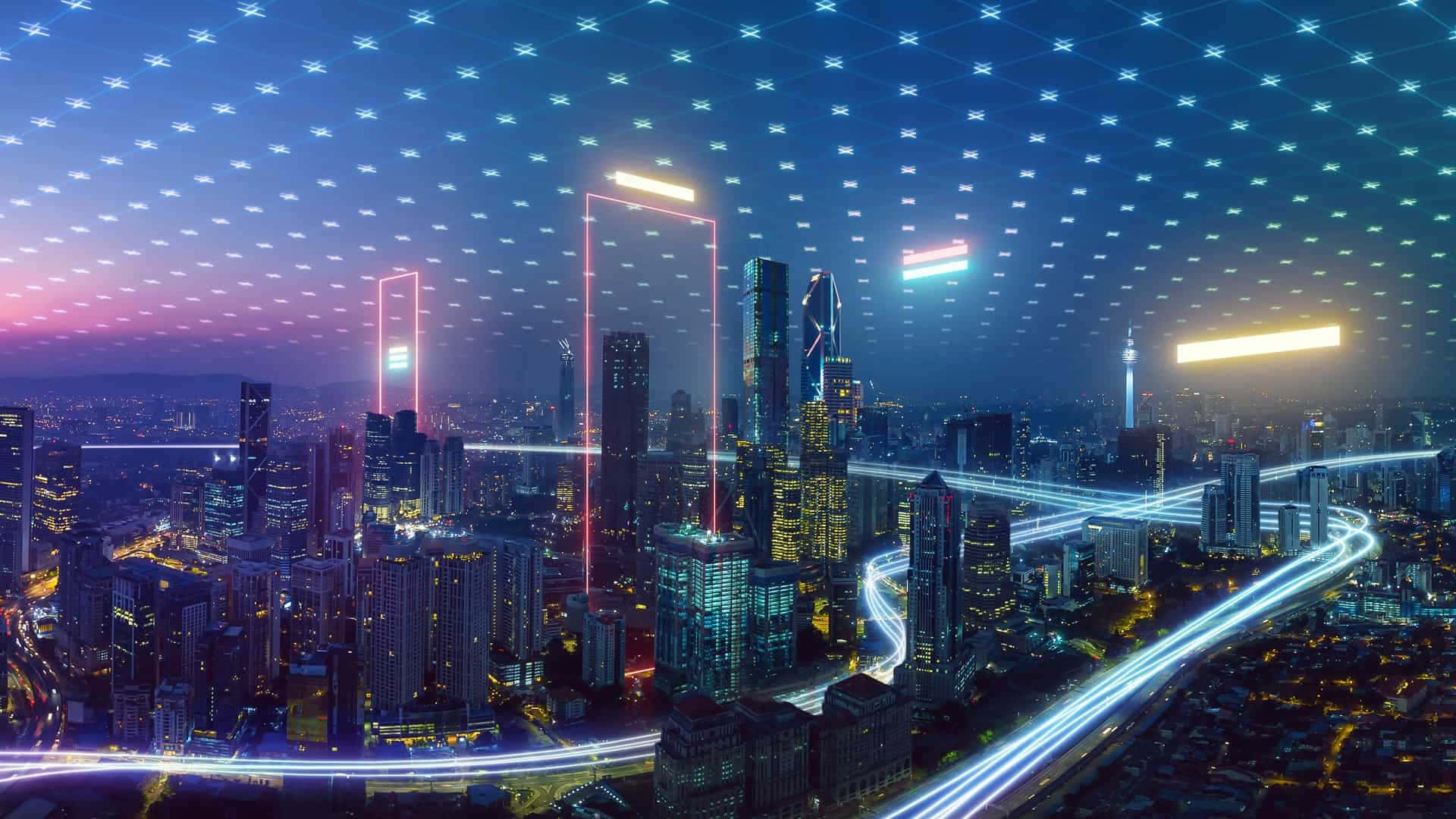 Metaverse, cityscape, dusk, Full HD Desktop Wallpaper