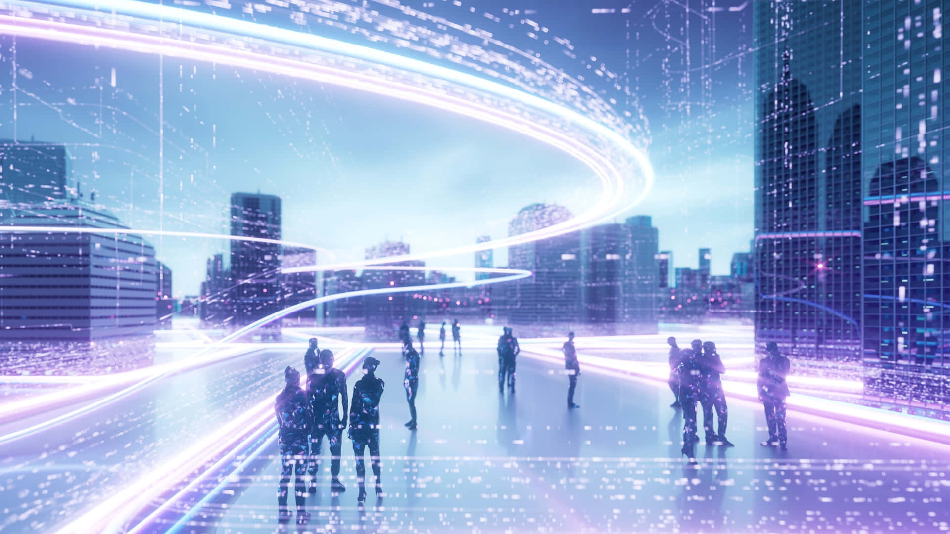 Metaverse, glowing futuristic cityscape, swirling neon light trails, Full HD Desktop Wallpaper