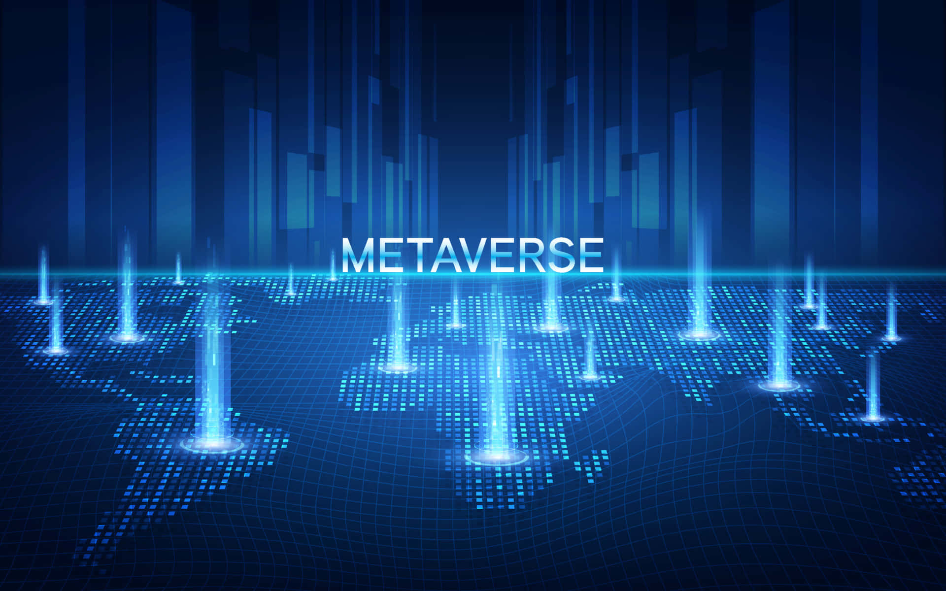 glowing blue digital world map, vertical light beams, word metaverse floating above, Full HD Desktop Wallpaper