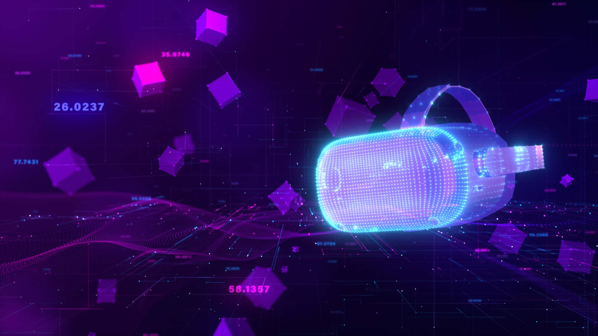 virtual reality headset, glowing blue wireframe, floating purple cubes, Full HD Desktop Wallpaper
