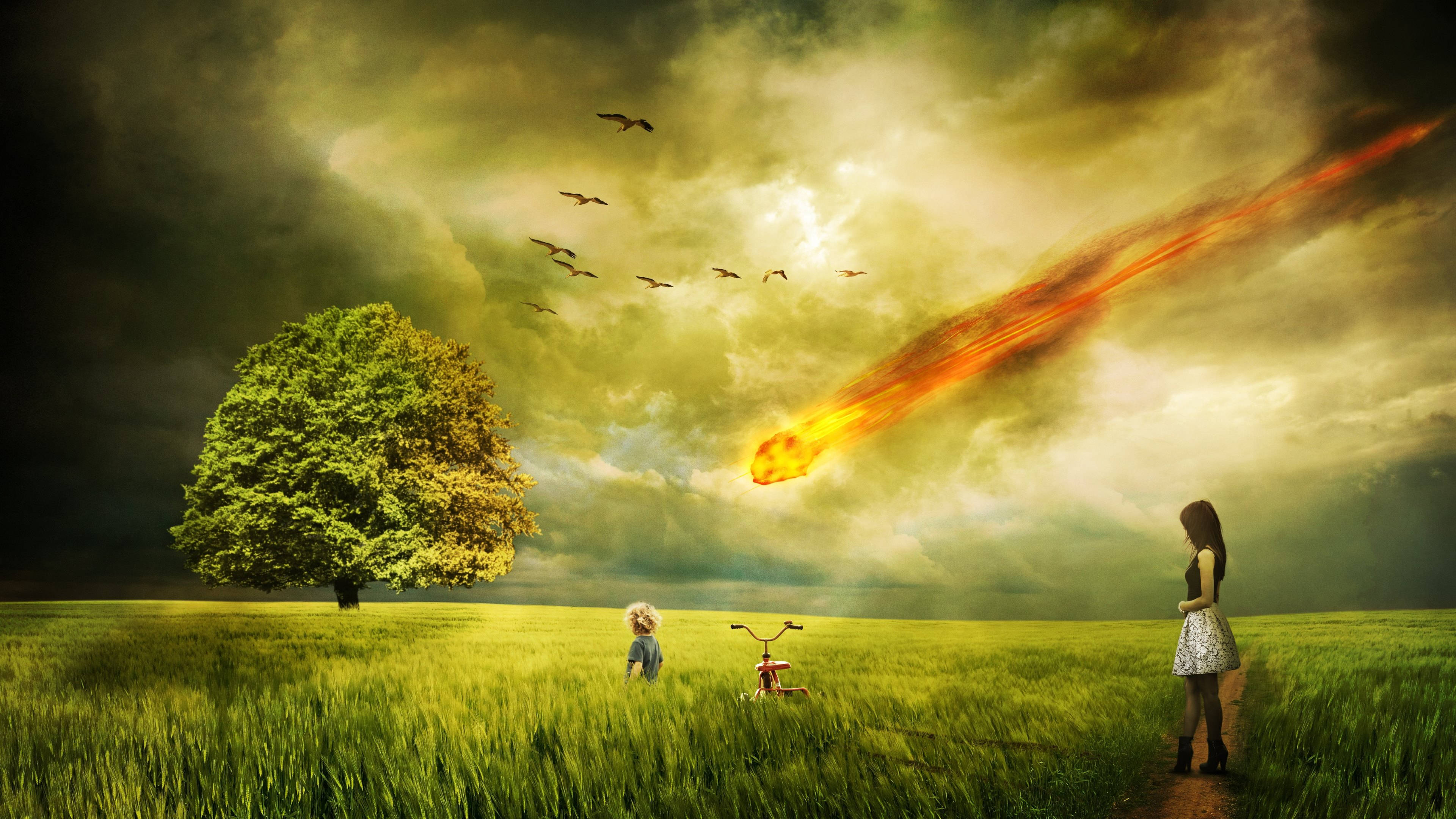 4K, green, fictional crashing meteorite, 4K Desktop Wallpaper