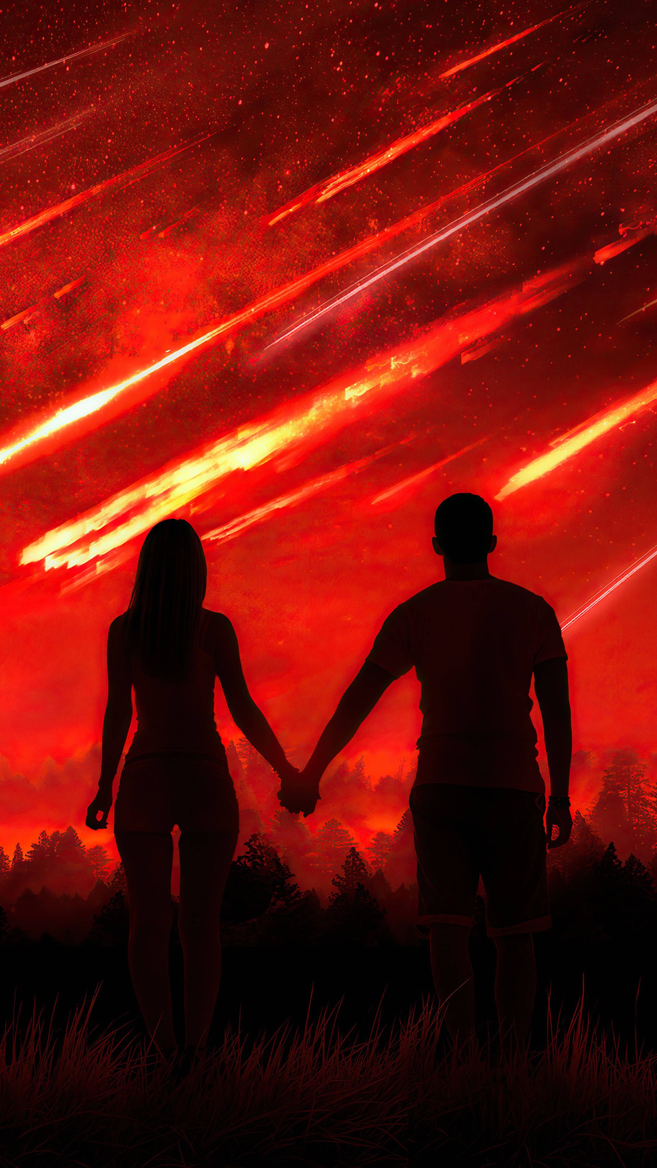 couple silhouette holding hands, fiery meteors, blood red sky, 4K Phone Wallpaper