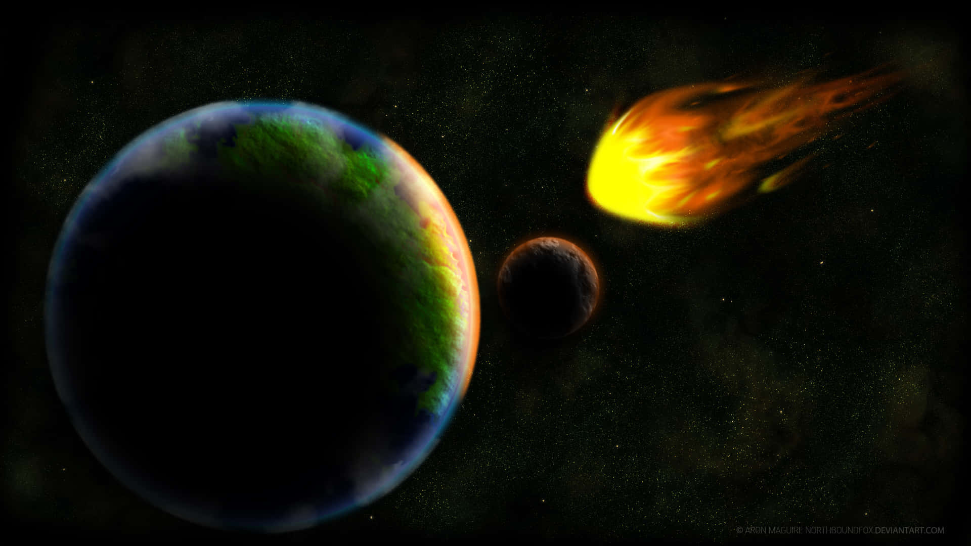 meteor, glowing planet, small moon, Full HD Desktop Wallpaper