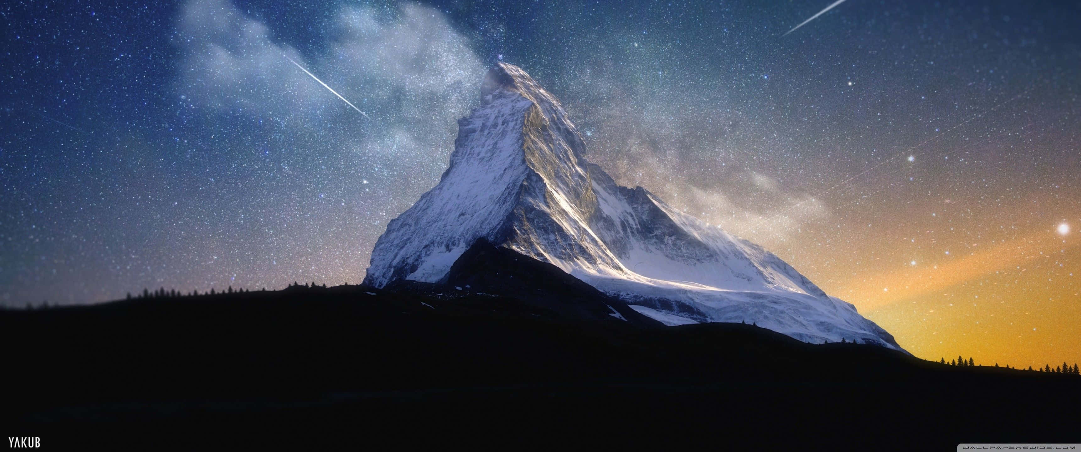 snow-capped mountain, starry night sky, glowing horizon, 2K Desktop Wallpaper