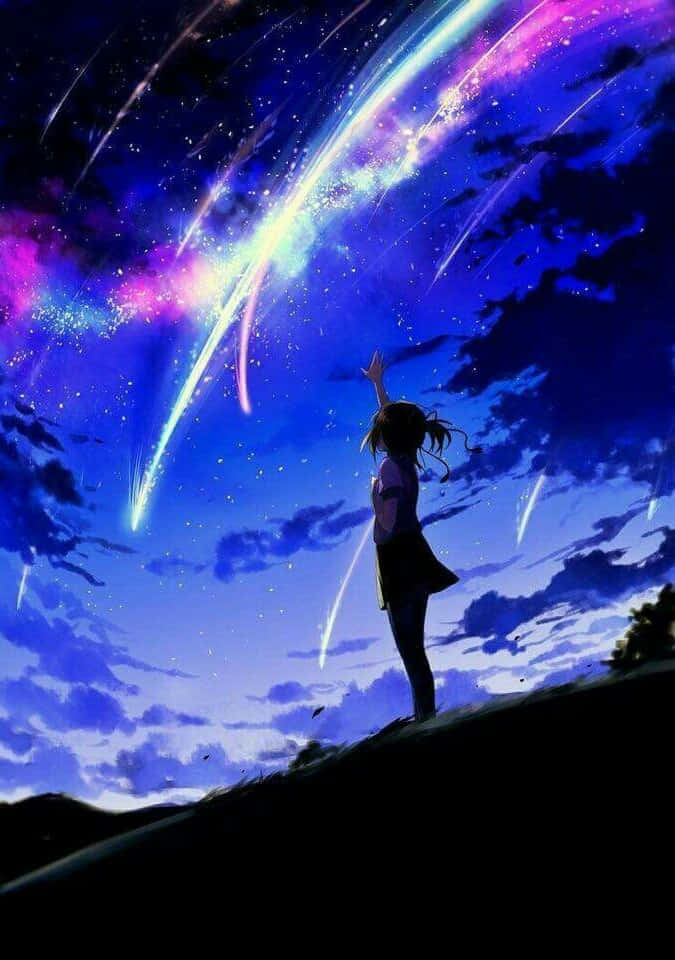 anime girl, vibrant cosmic sky, streaking colorful meteors, SD Phone Wallpaper