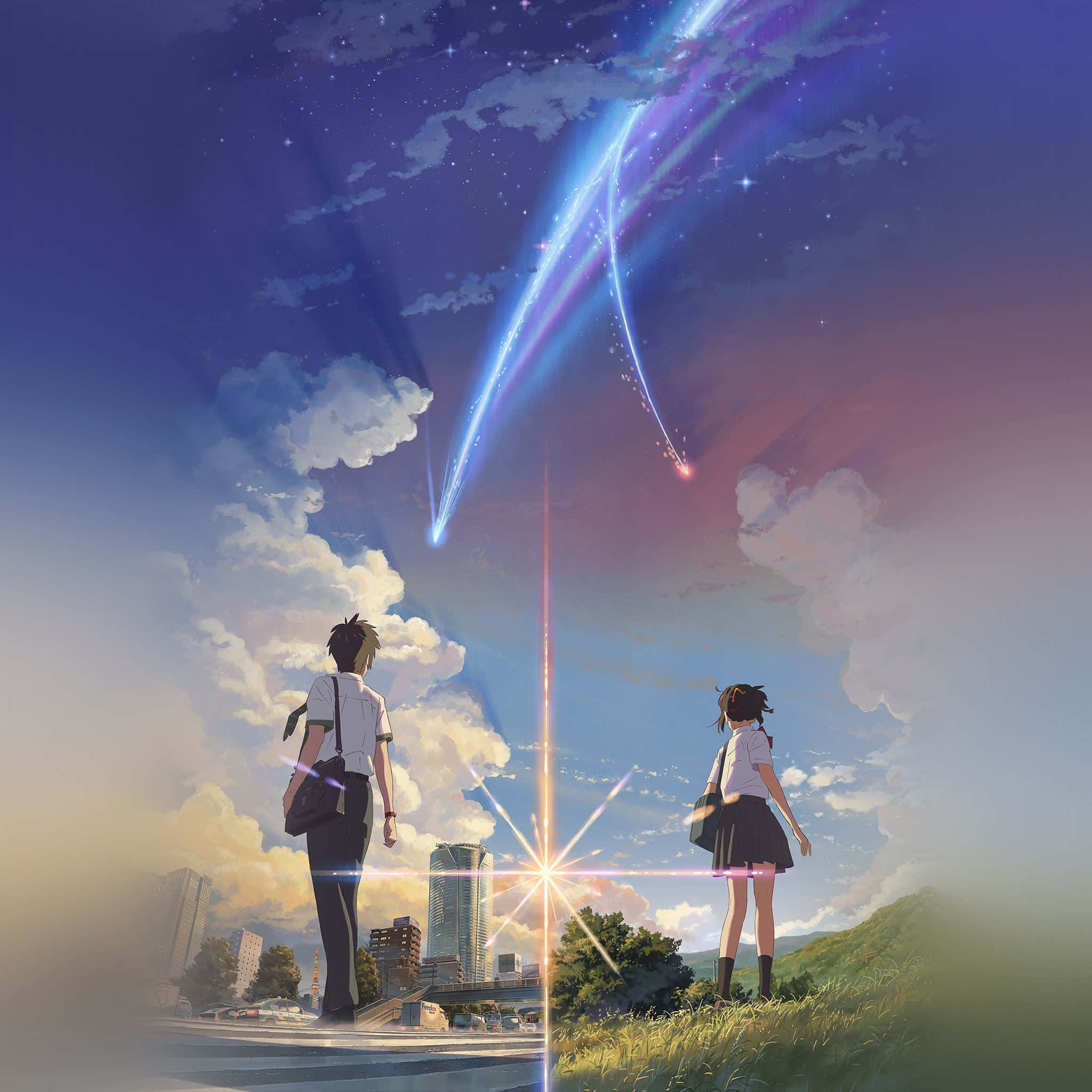 Anime Meteor Shower Cityscape, shooting stars, twilight sky, Full HD Desktop Wallpaper