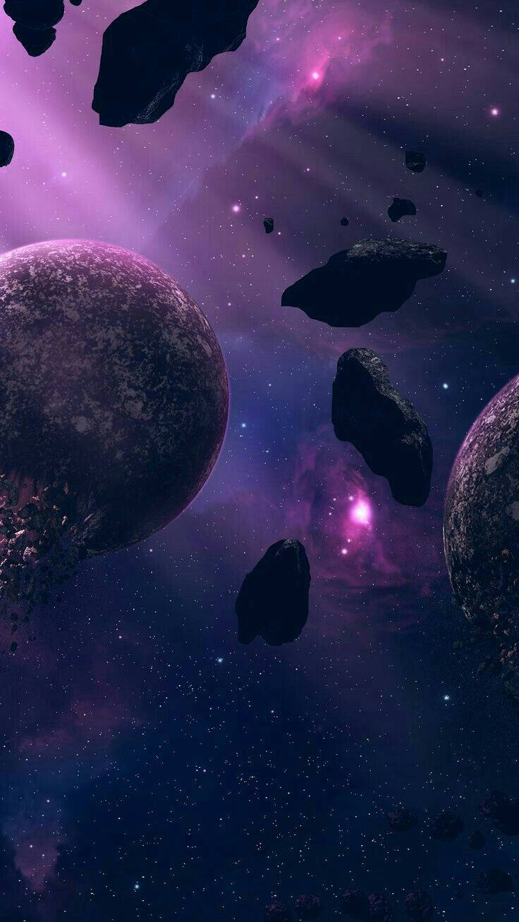 purple galaxy, nebulae, floating asteroids, HD Phone Wallpaper