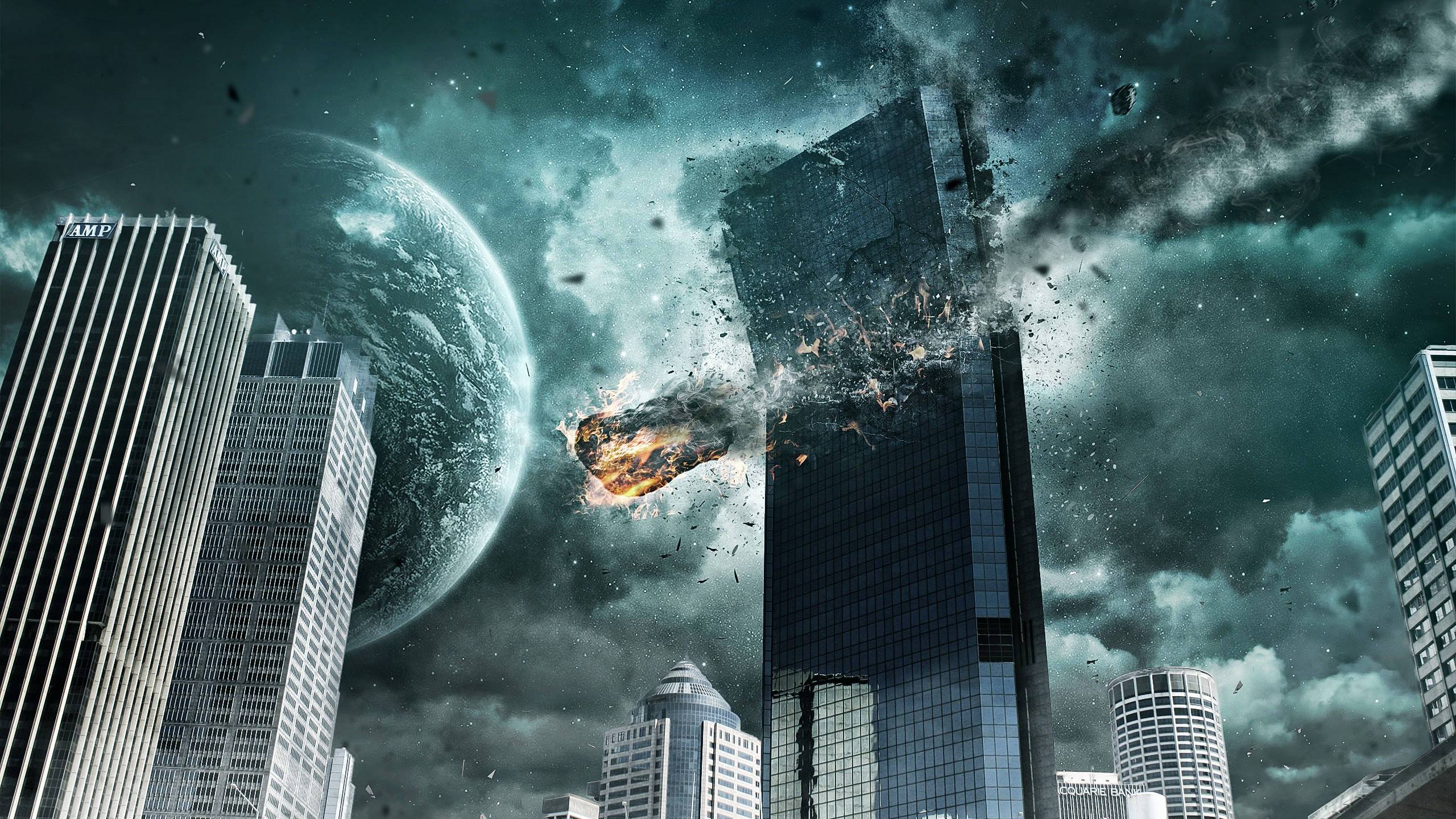 1440p HD, meteor, futuristic cityscape, 2K Desktop Wallpaper