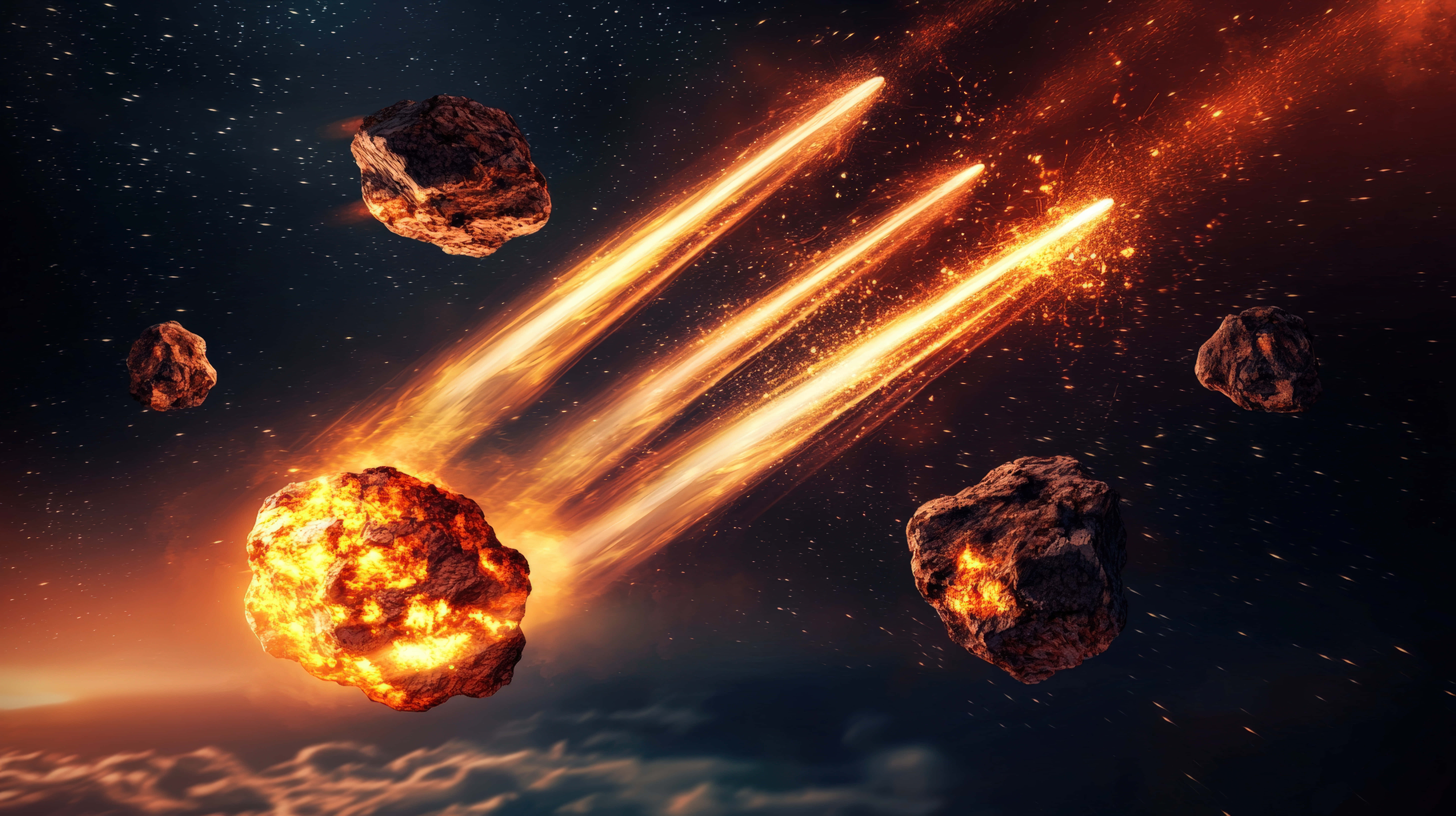 burning meteors, fiery trails, starry sky, 8K Desktop Wallpaper