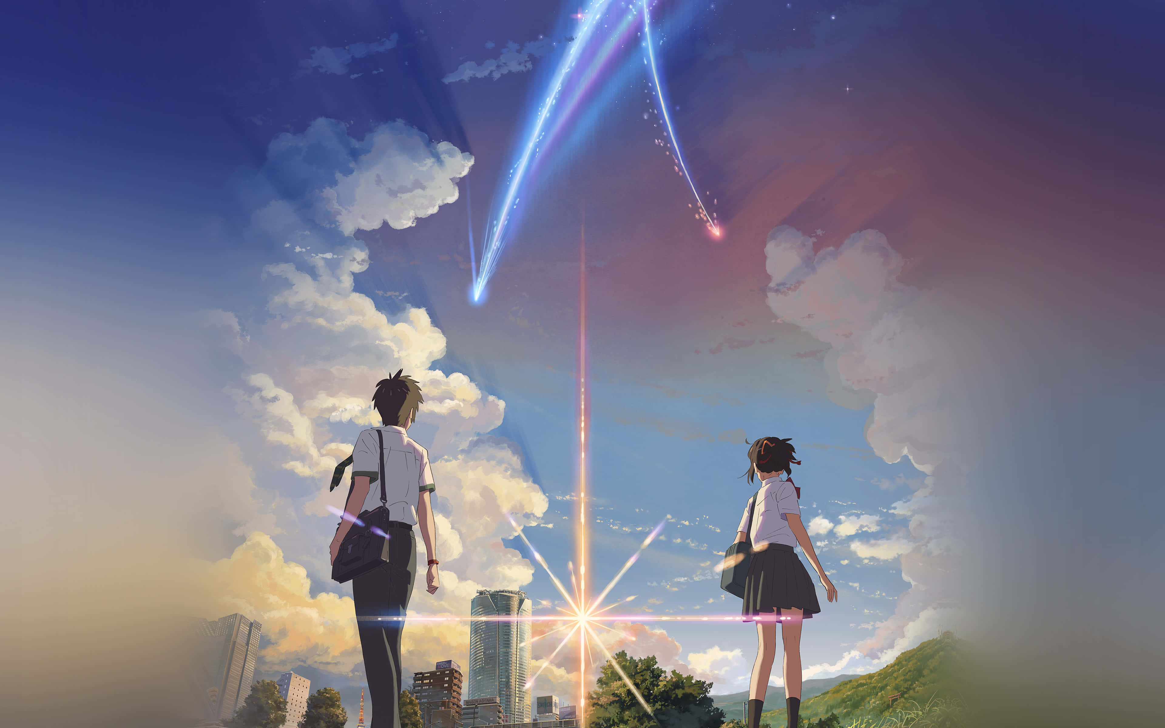 anime meteor shower backdrop, twilight sky, cosmic trails, 4K Desktop Wallpaper