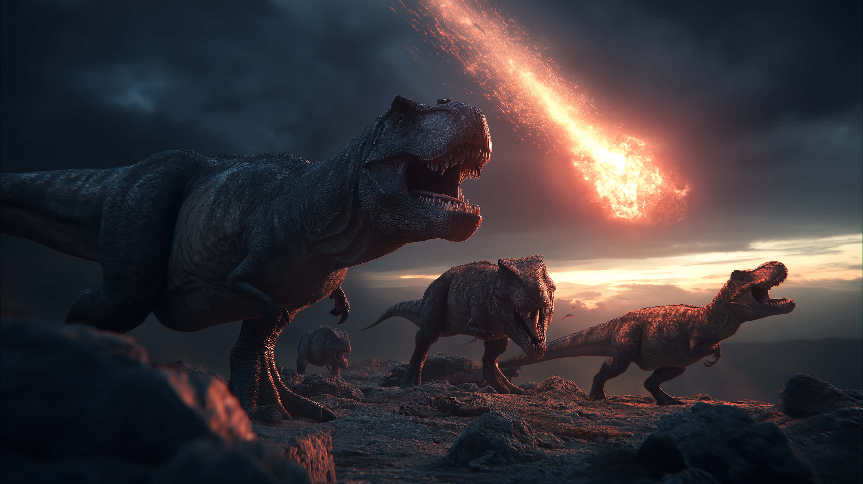 dinosaurs, fiery meteor, apocalyptic sunset, 2K Desktop Wallpaper