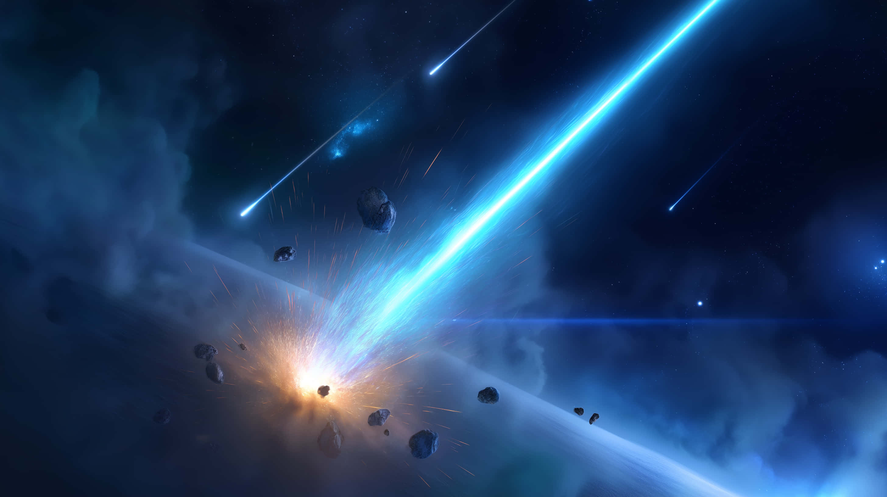 cosmic impact, glowing asteroid, bright blue energy beam, 2K Desktop Wallpaper