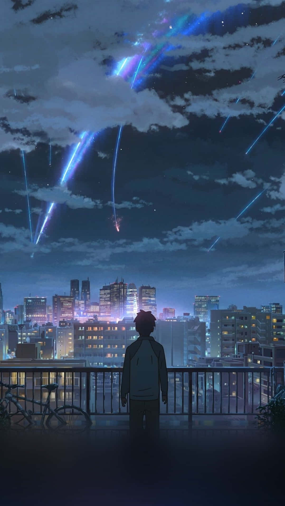 anime meteor shower, night sky, glowing cityscape, Full HD Phone Wallpaper