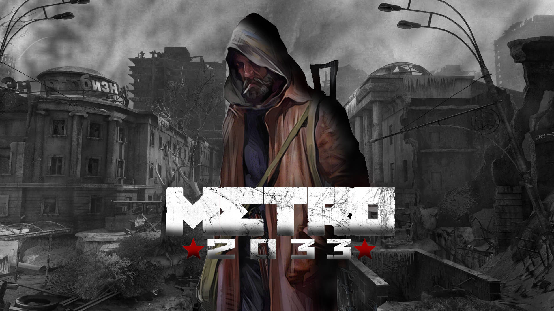 Metro 2033, hooded survivor, ruined cityscape, Full HD Desktop Wallpaper