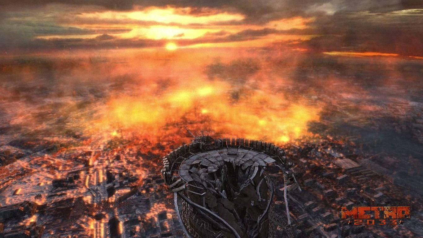 Metro 2033, burning city, fiery orange sunset, HD Desktop Wallpaper