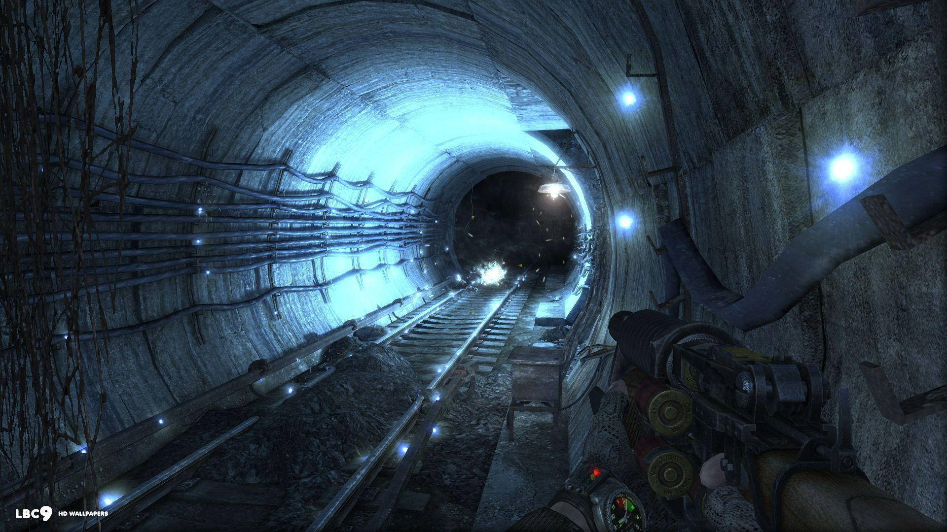 Metro 2033, concrete subway tunnel, glowing blue lights, Full HD Desktop Wallpaper