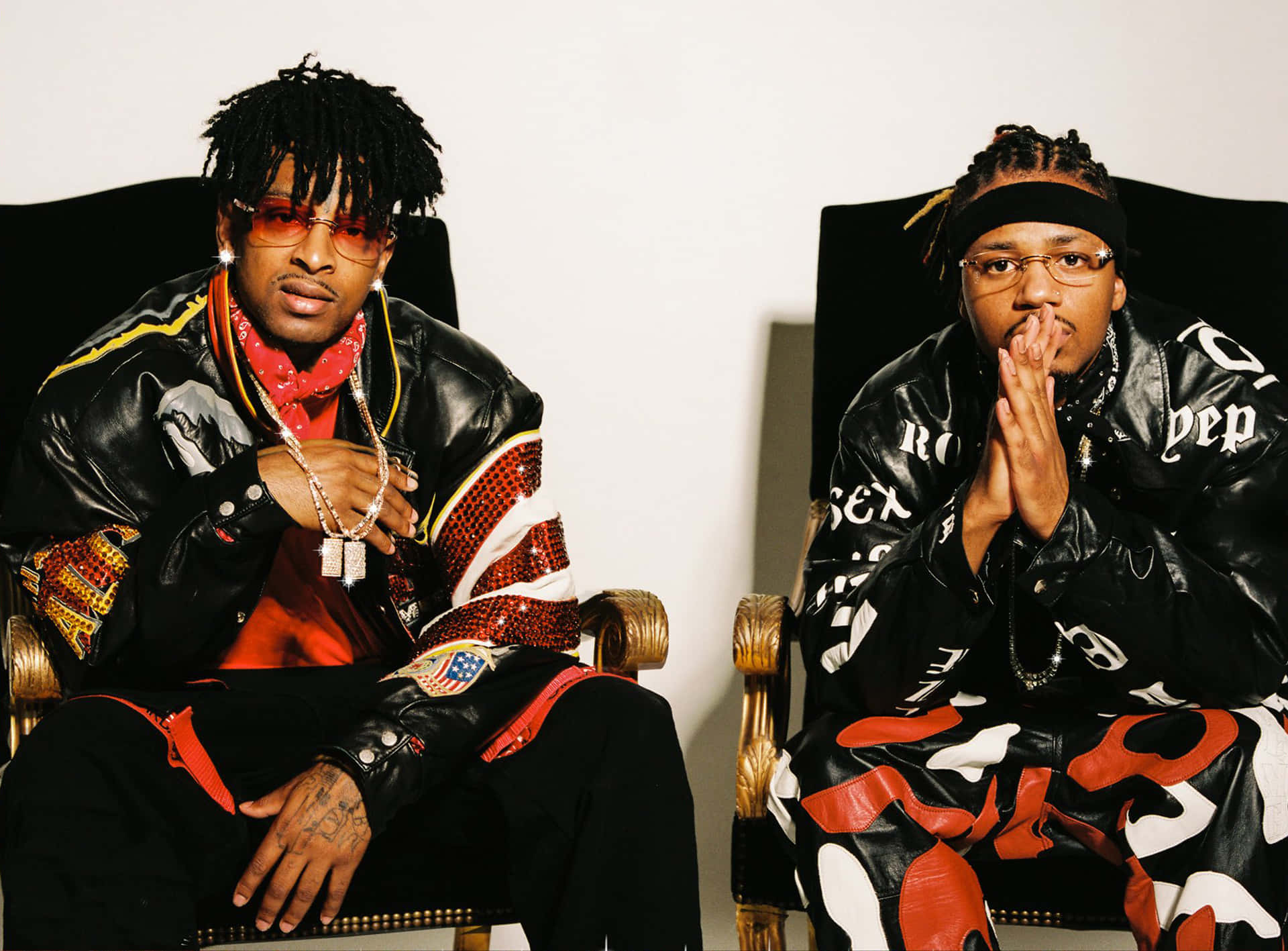 Metro Boomin, black red and gold outfits, ornate chairs, Full HD Desktop Wallpaper