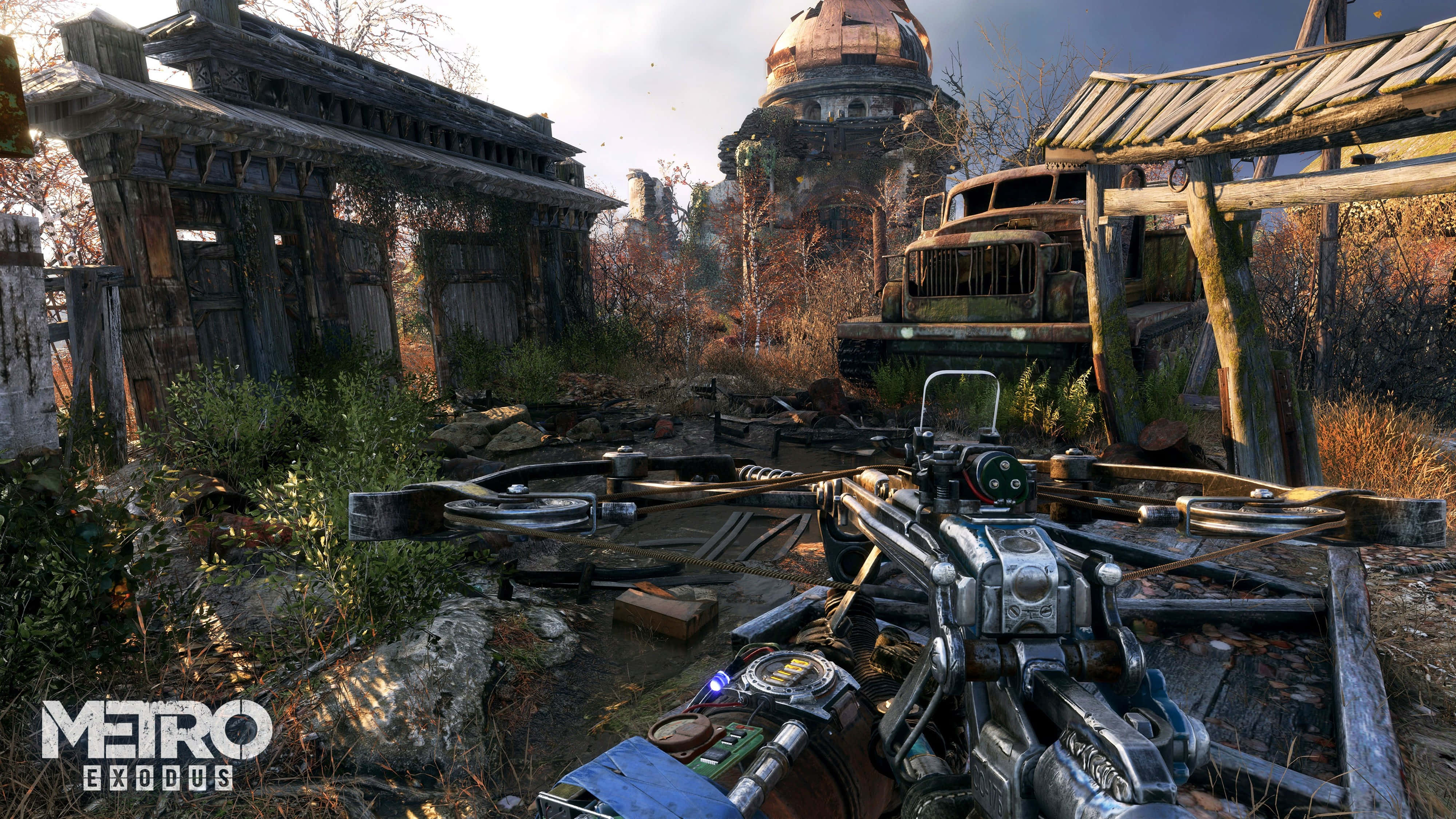 Metro Exodus 4K, crossbow, ruined post-apocalyptic town, 4K Desktop Wallpaper