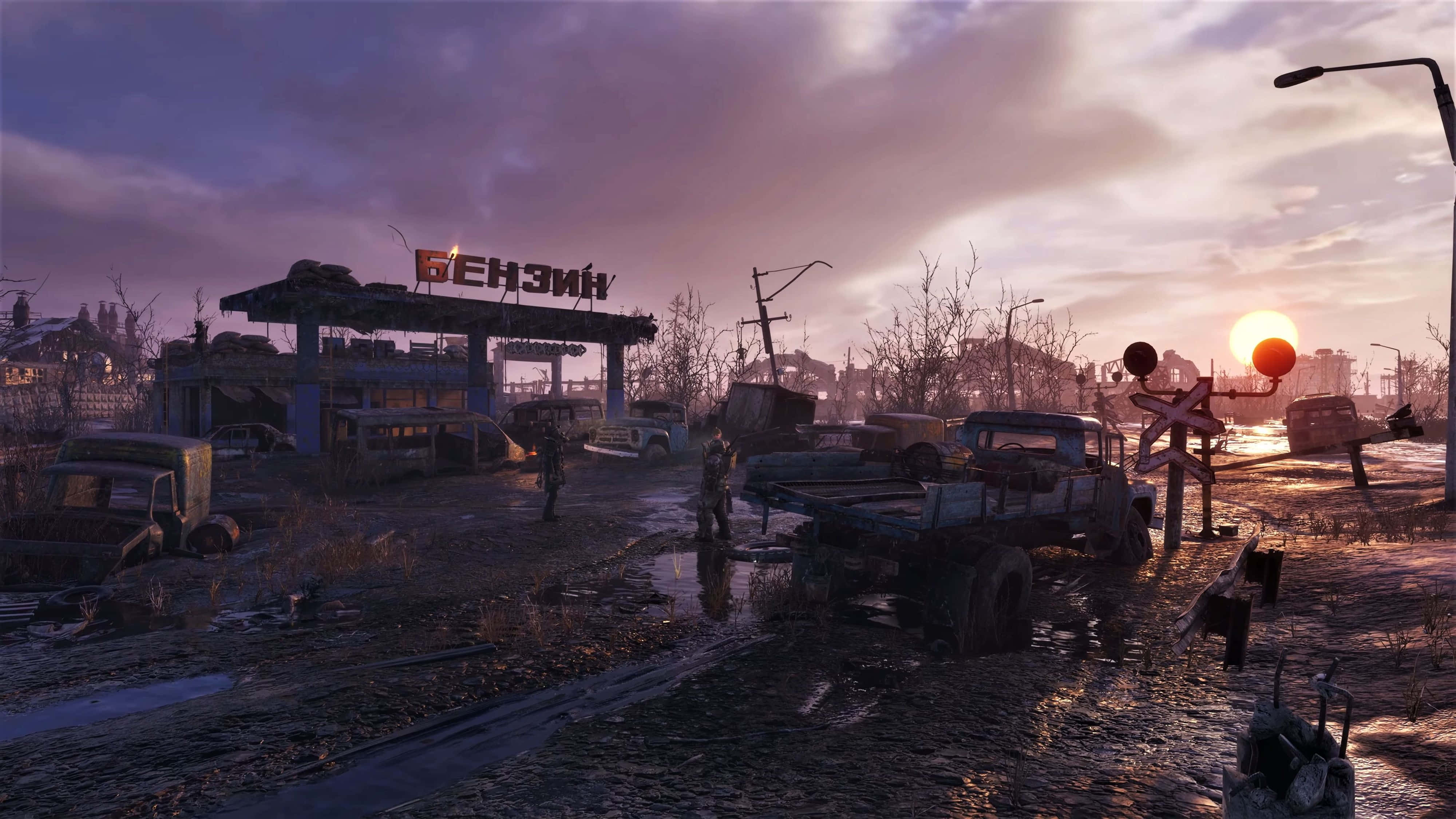 Metro Exodus 4K, post-apocalyptic Russian wasteland, abandoned gas station, 4K Desktop Wallpaper