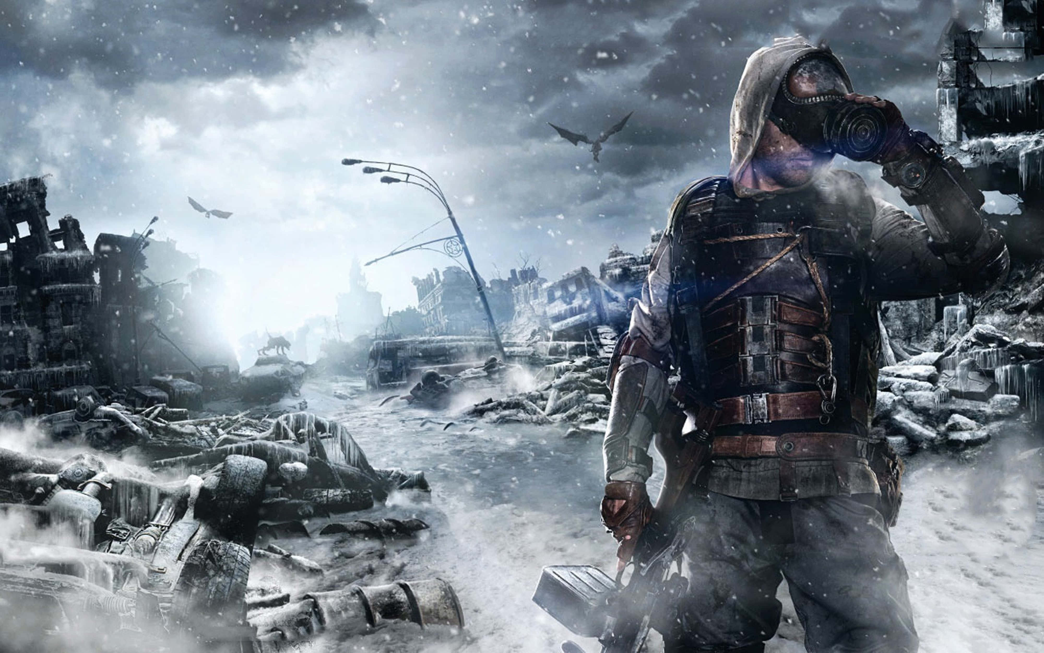 Metro Exodus 4K, gas mask, snow-covered ruins, 4K Desktop Wallpaper