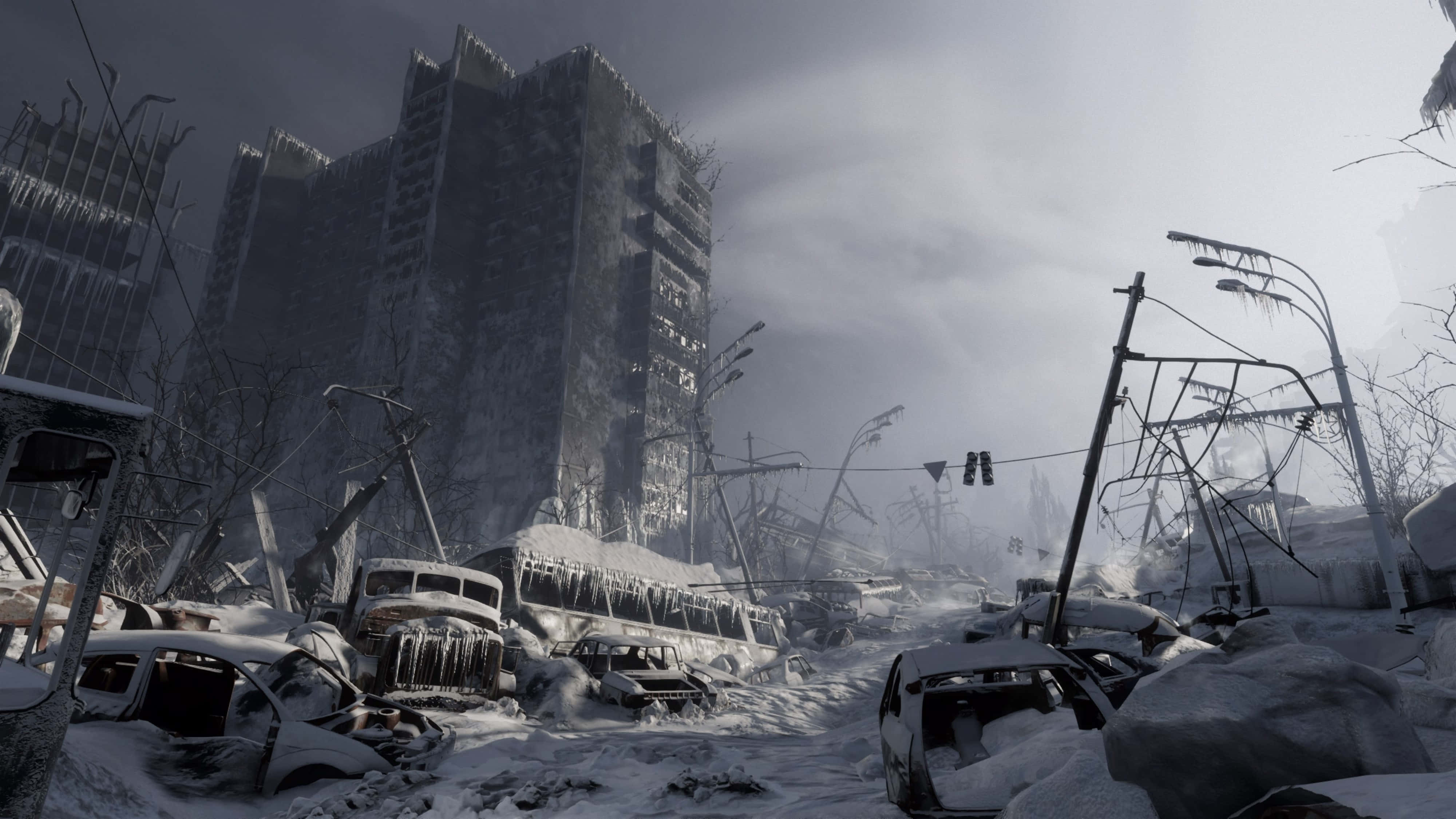 Metro Exodus 4K, snow-covered urban wasteland, ruined cars, 4K Desktop Wallpaper