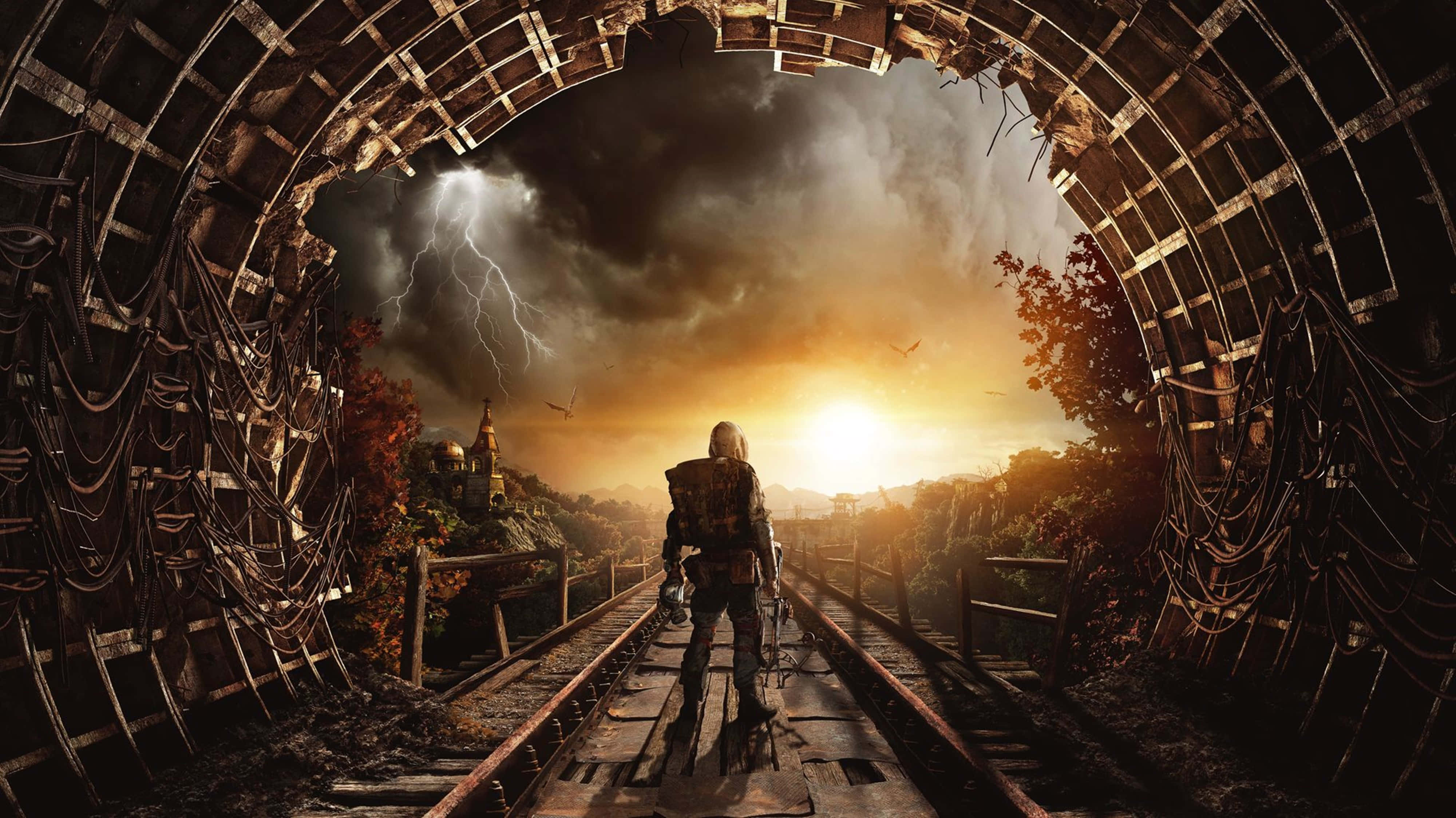 Metro Exodus 4K, lone armored figure, broken railway tunnel, 4K Desktop Wallpaper