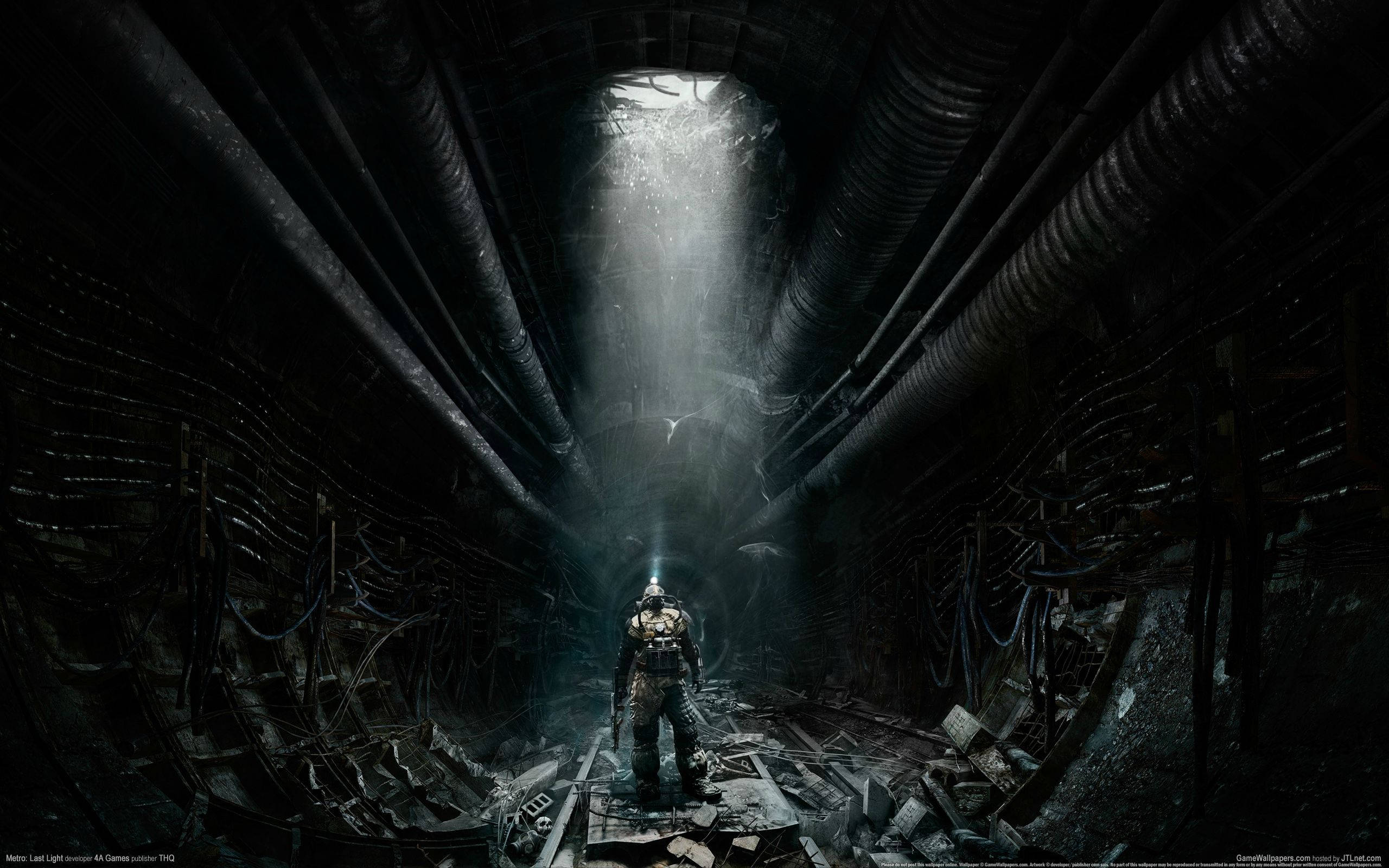 Metro Exodus, destructed tunnel, armored figure, 2K Desktop Wallpaper