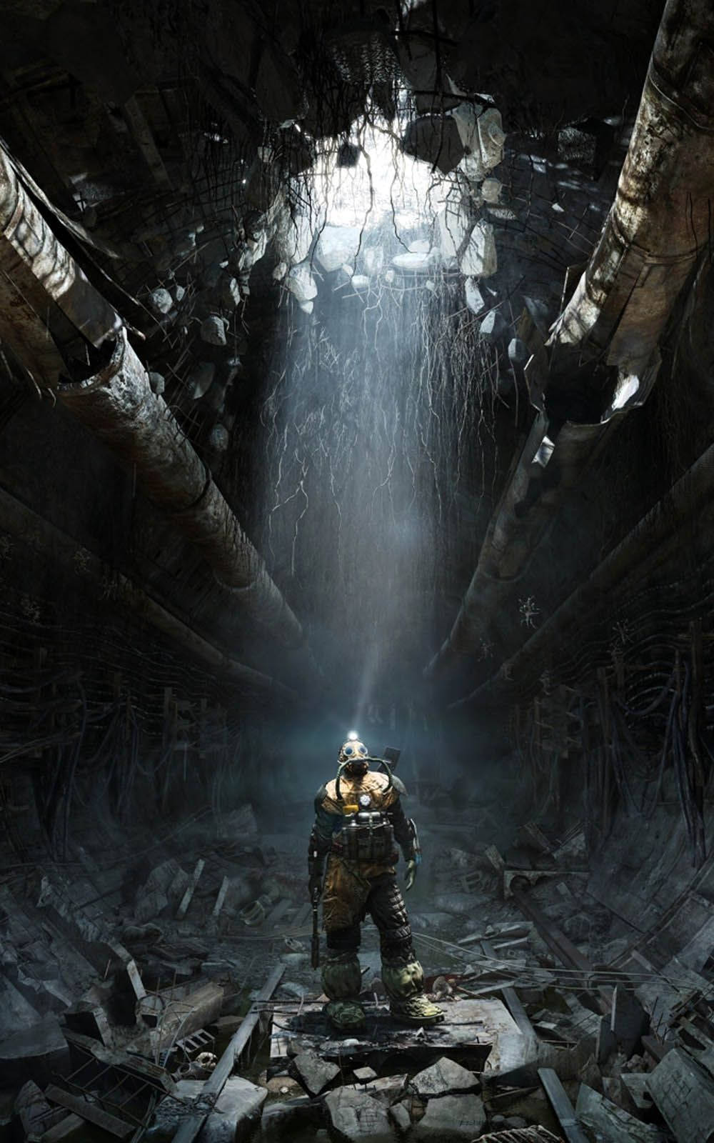 Metro Exodus, damaged tunnel, armored figure, HD Phone Wallpaper