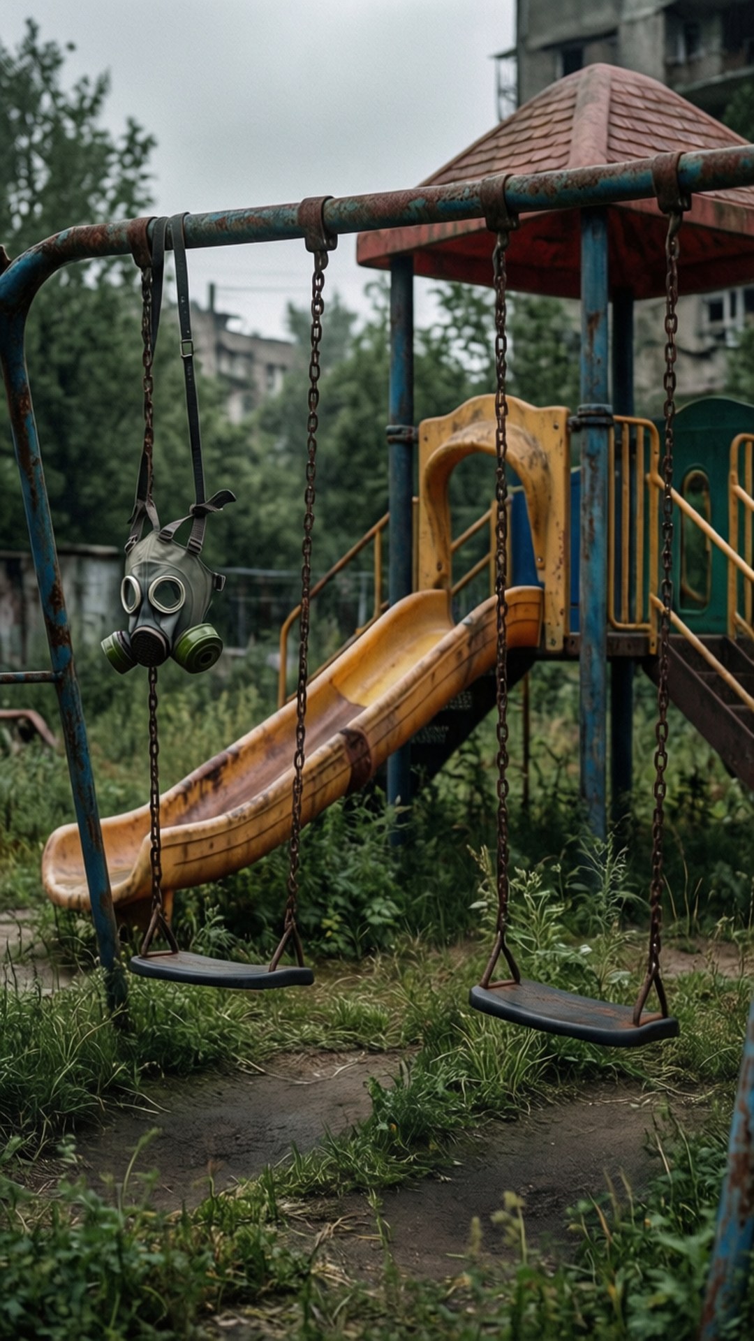 playground swing set, gas mask, yellow slide, Full HD Phone Wallpaper
