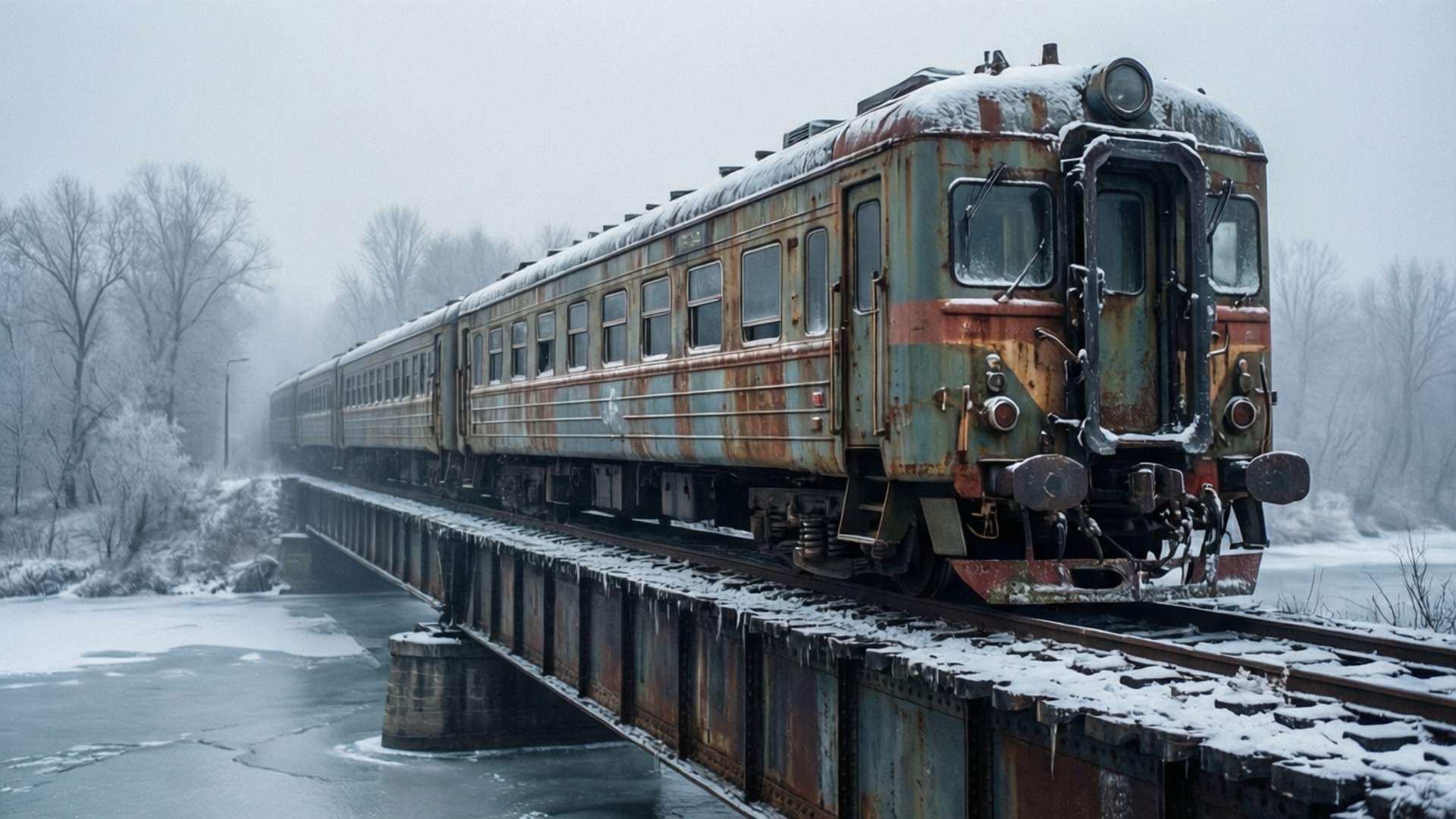 abandoned train bridge, rusty train, frozen river, Full HD Desktop Wallpaper