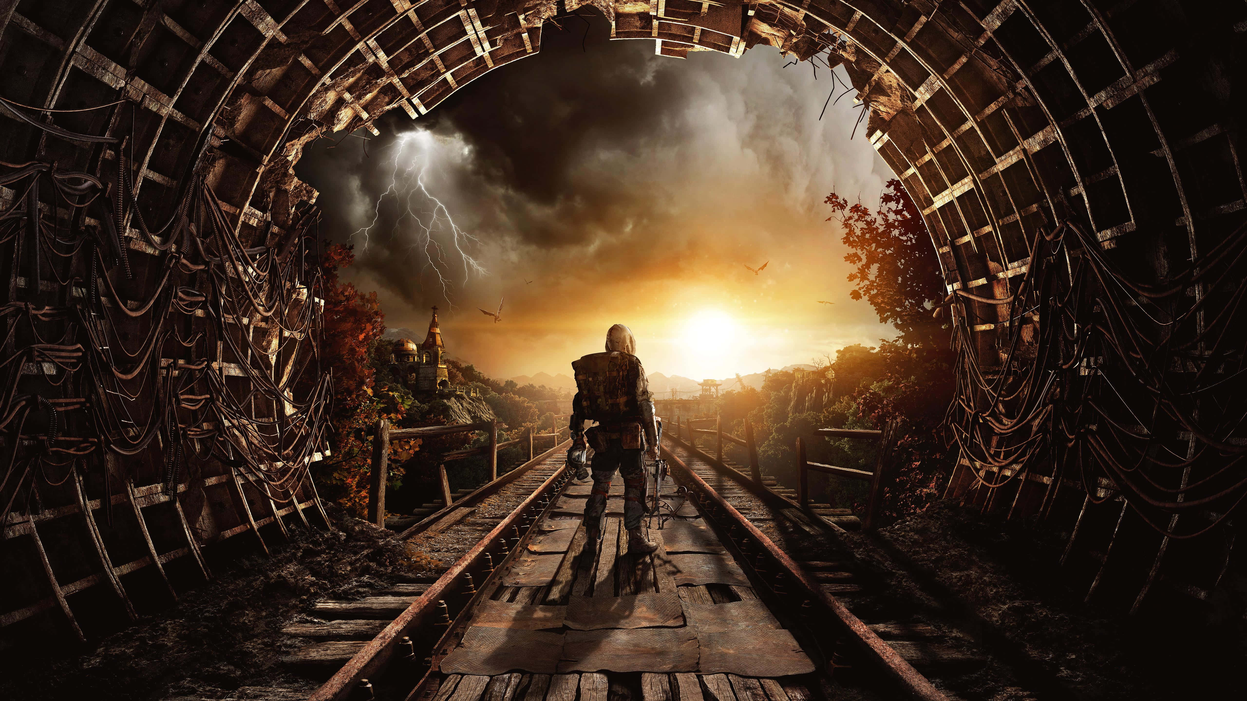 Metro Exodus, armored figure, rusted tunnel, 5K Desktop Wallpaper