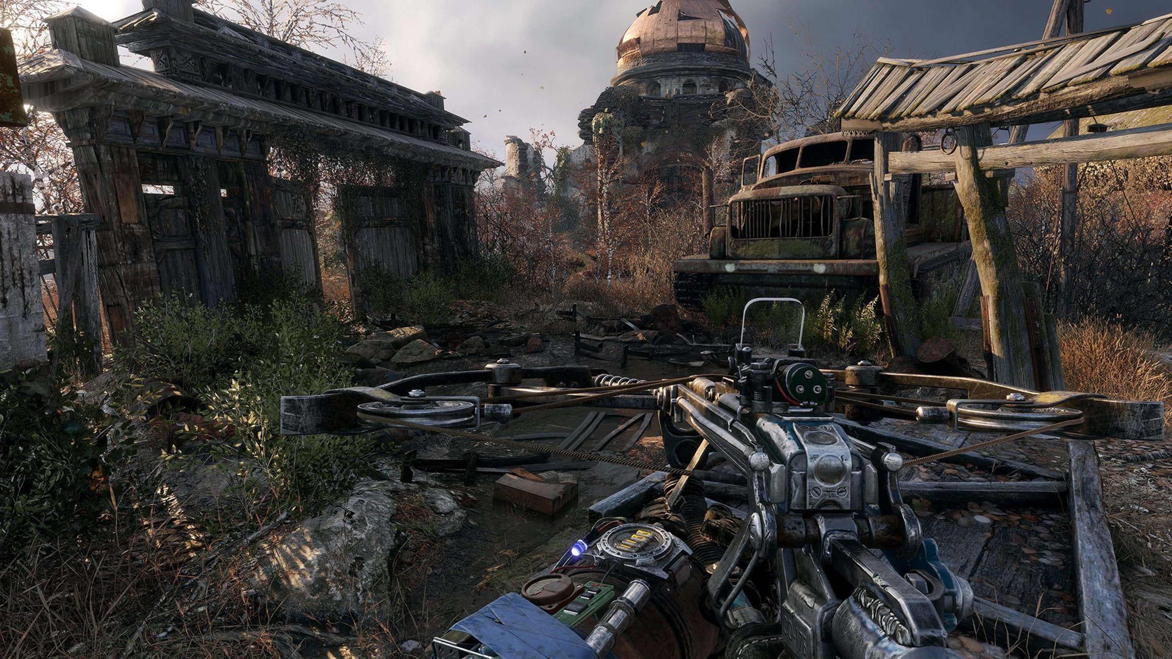 Metro Exodus, crossbow, ruined post-apocalyptic town, 4K Desktop Wallpaper