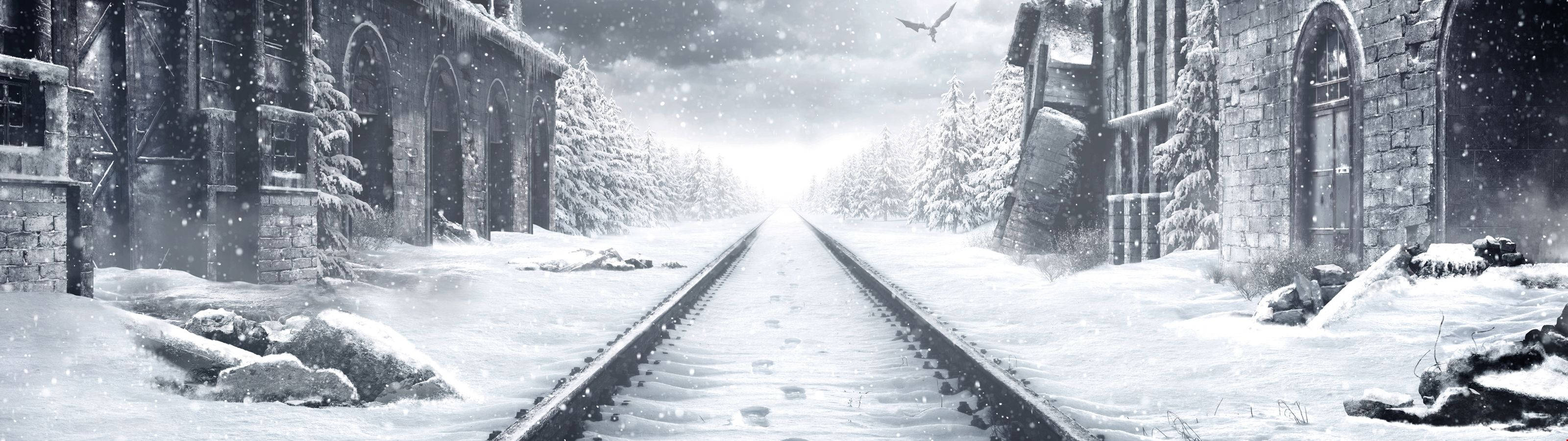 Metro Exodus, snow, abandoned railway tracks, 2K Desktop Wallpaper