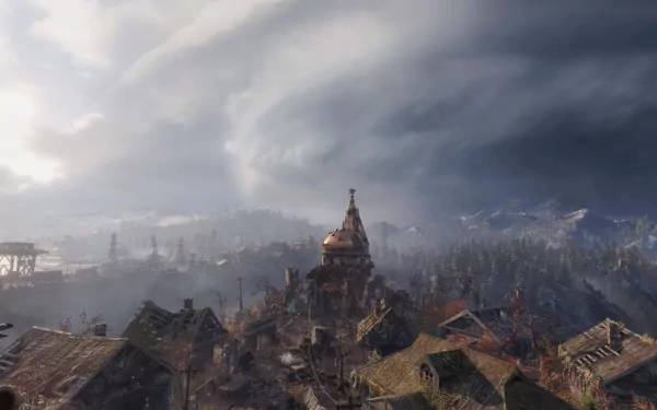 Metro Exodus, ruined medieval town, stormy sky, SD Desktop Wallpaper