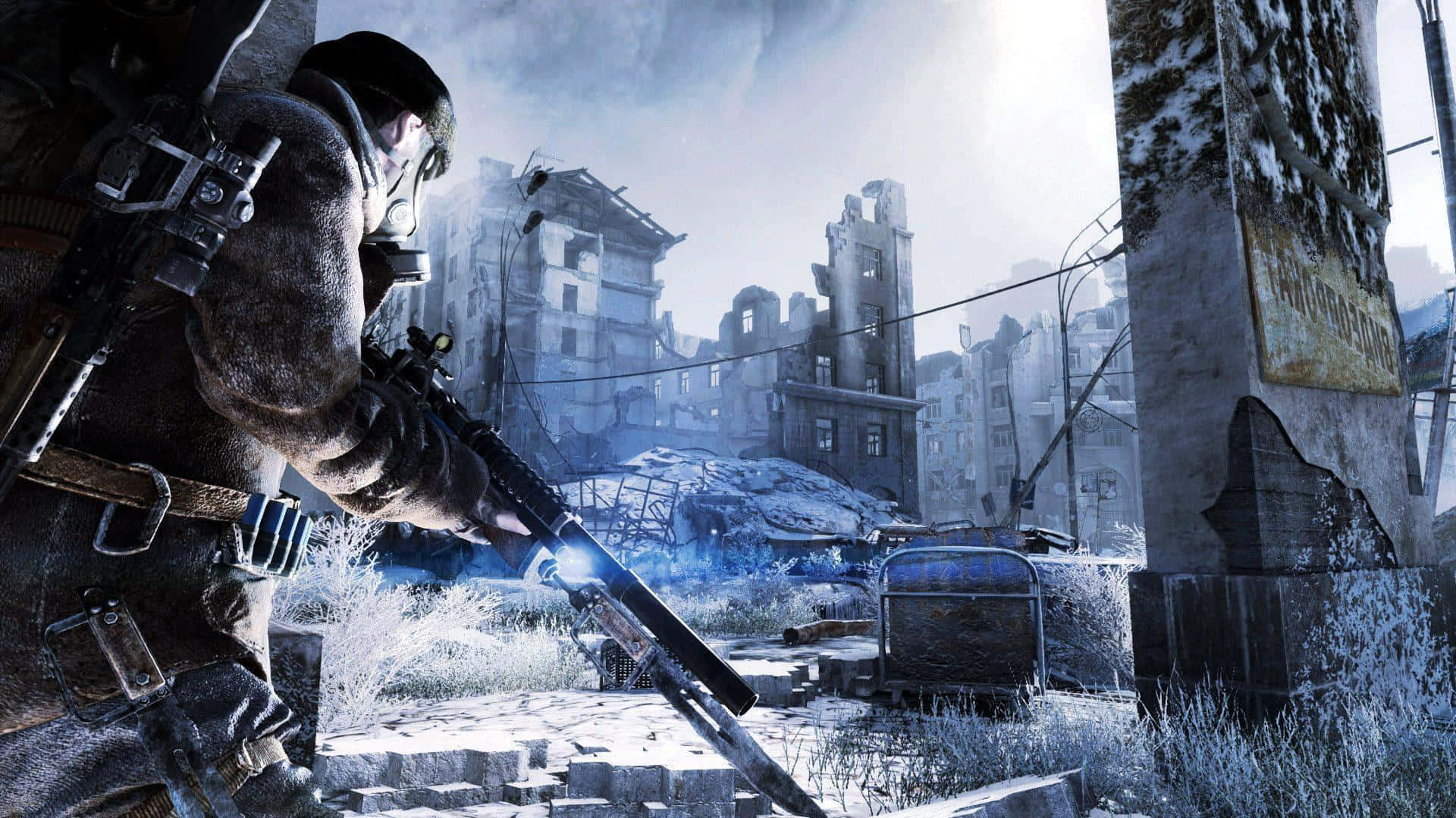 Metro Game, snowy post apocalyptic scene, soldier in winter gear, Full HD Desktop Wallpaper