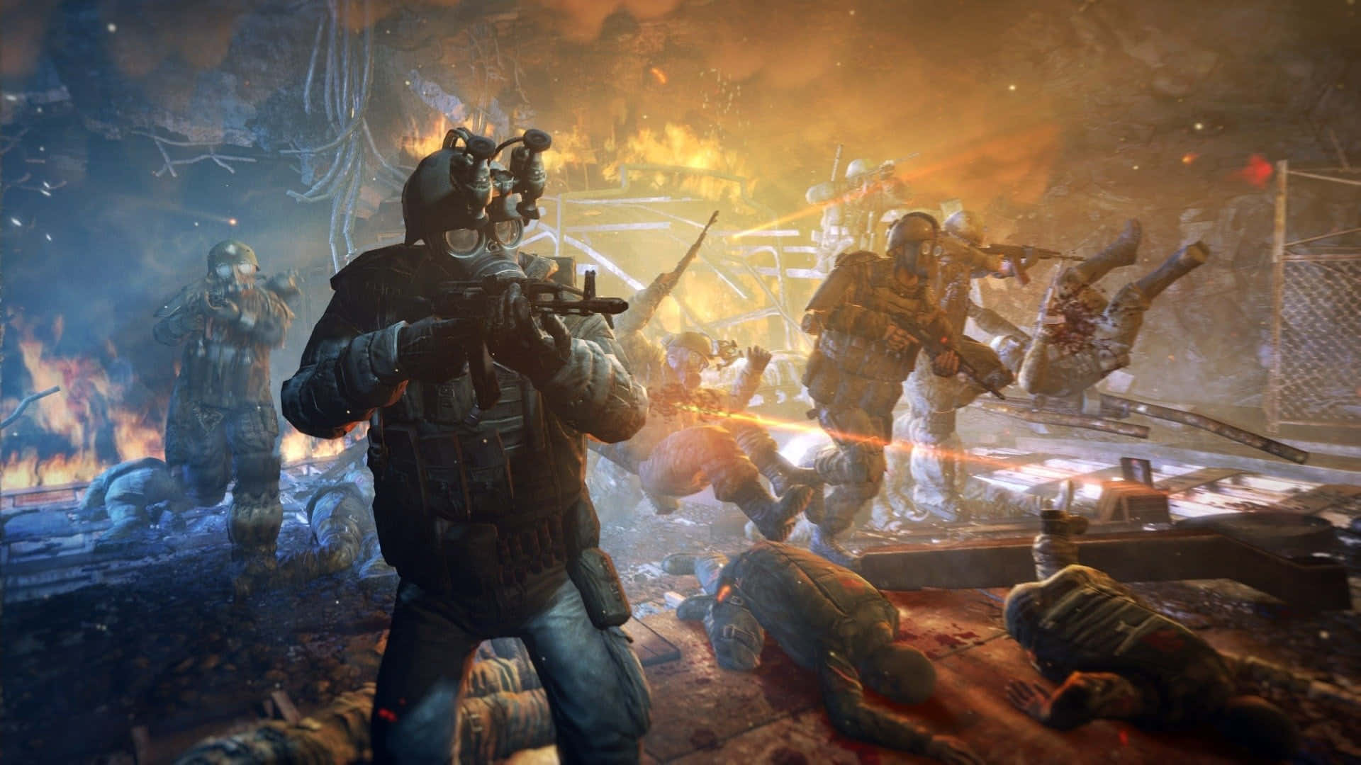 Metro Game, intense firefight scene, tactical gear, Full HD Desktop Wallpaper