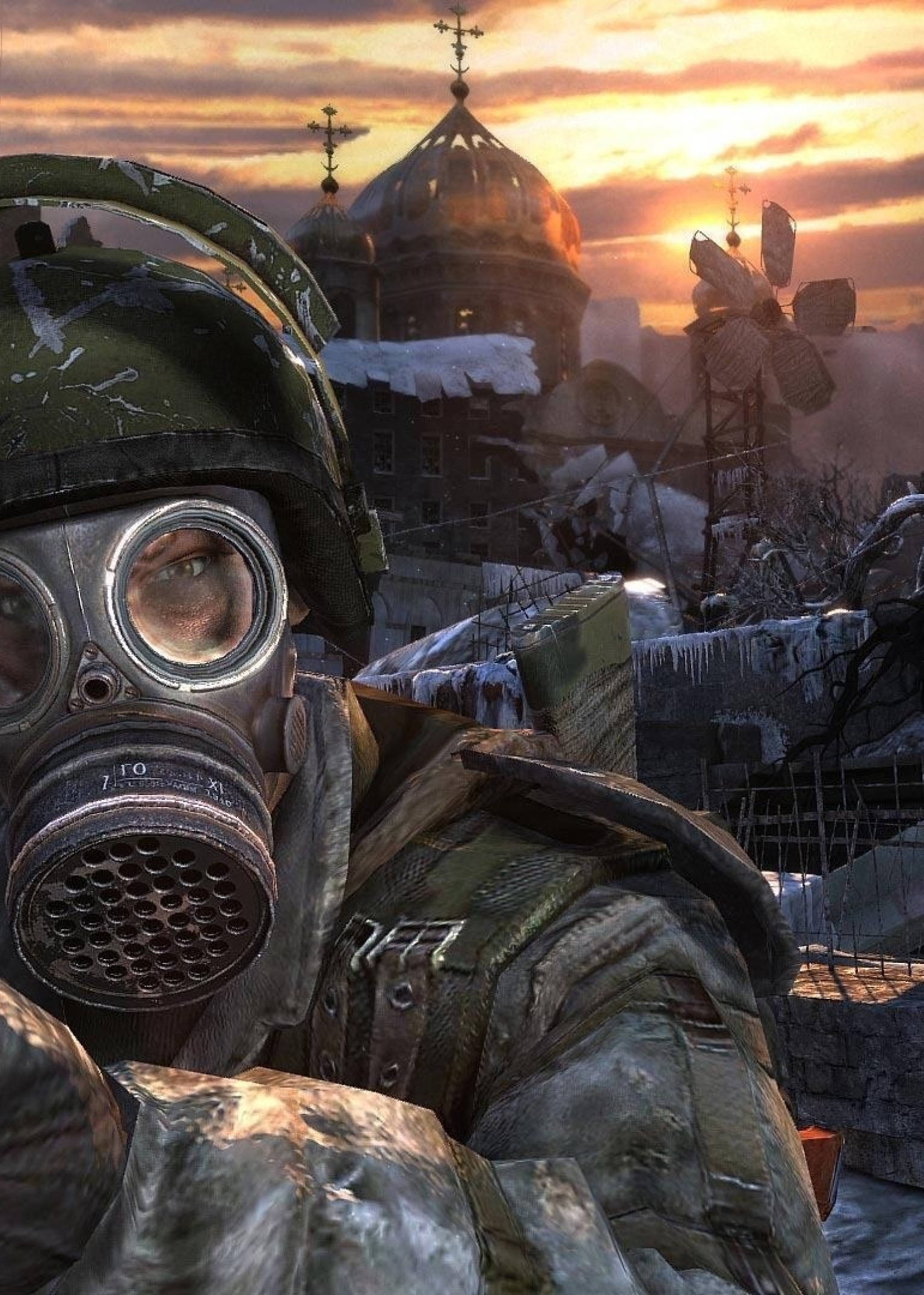 Metro Phone, gas mask, snowy ruin, Full HD Phone Wallpaper