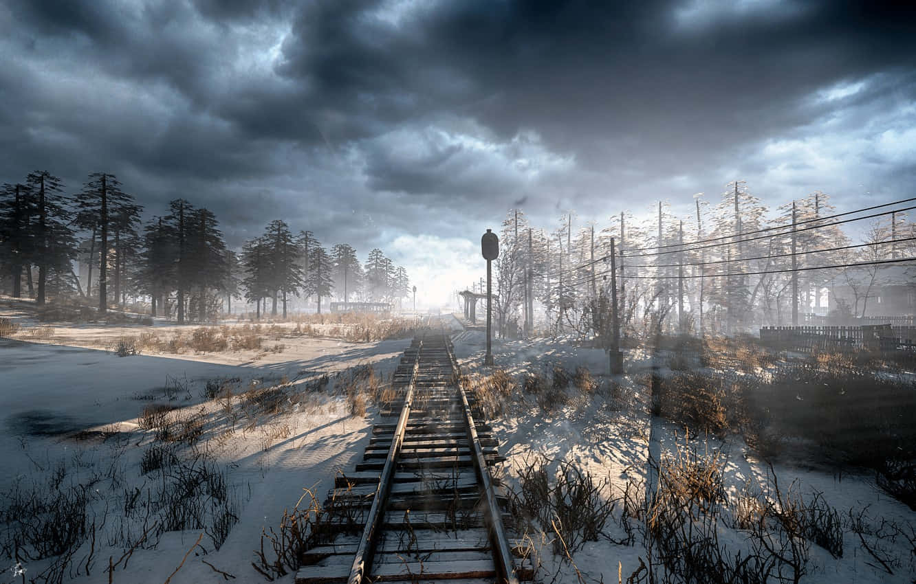 Metro, snow-covered railway track, misty winter forest, HD Desktop Wallpaper