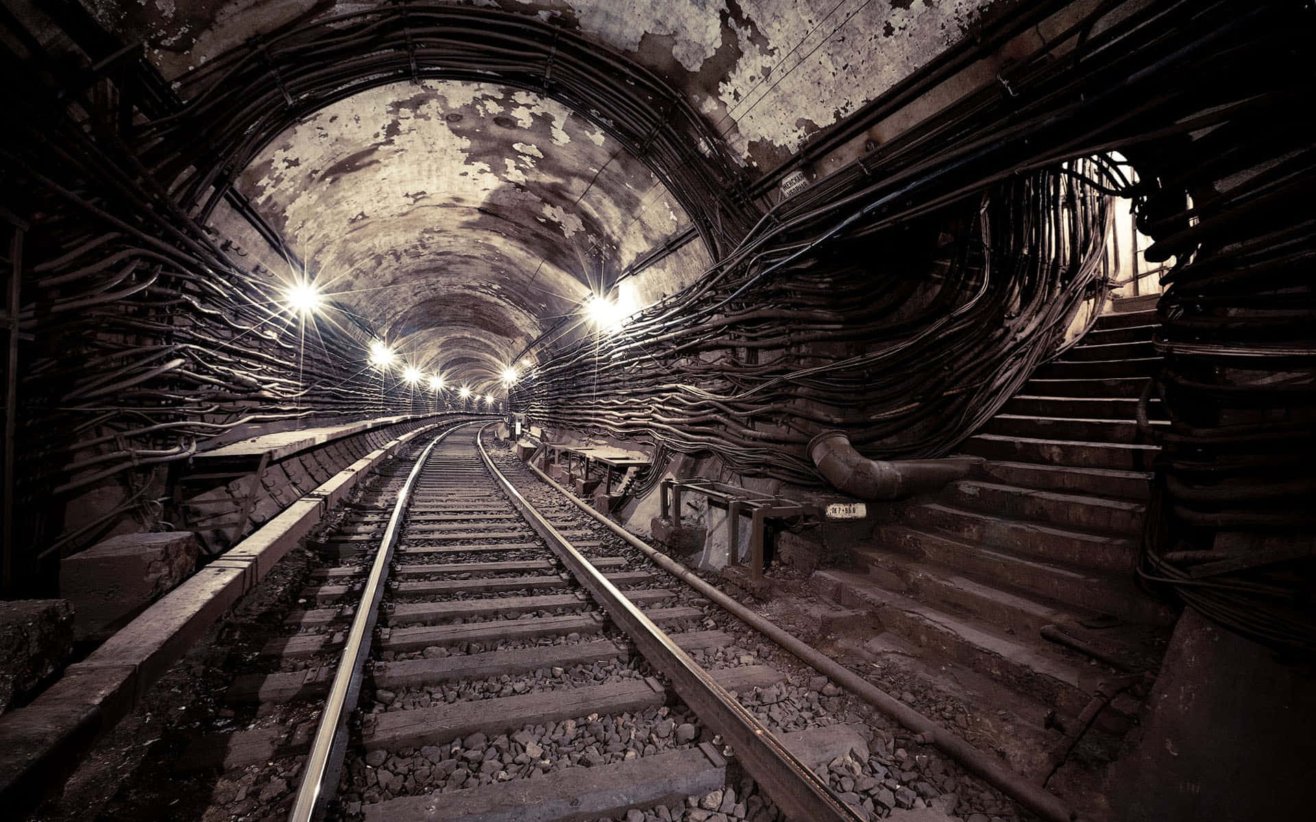 Metro, abandoned subway tunnel, rusted tracks, Full HD Desktop Wallpaper