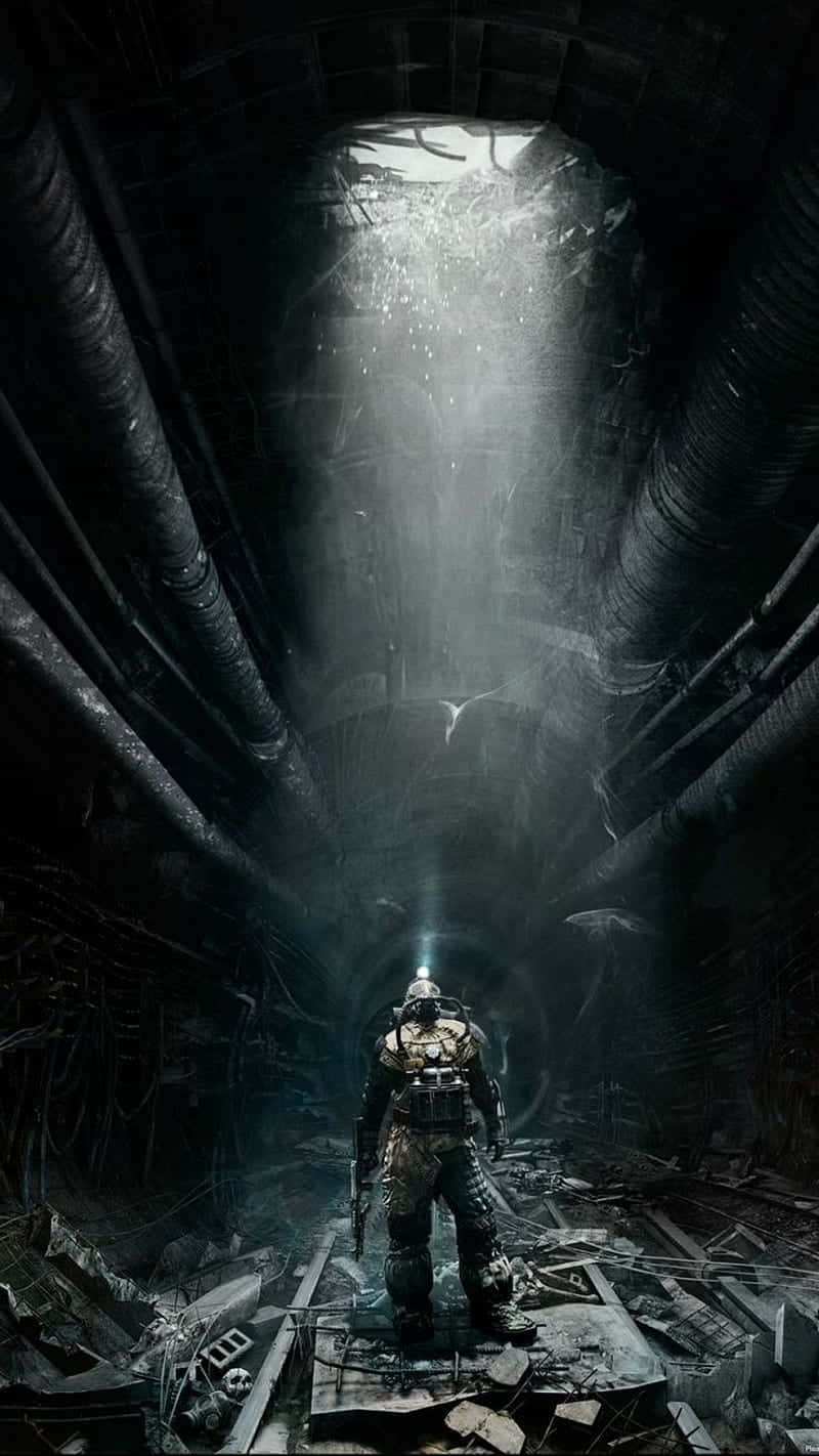 Metro, armored soldier, ruined industrial tunnel, HD Phone Wallpaper