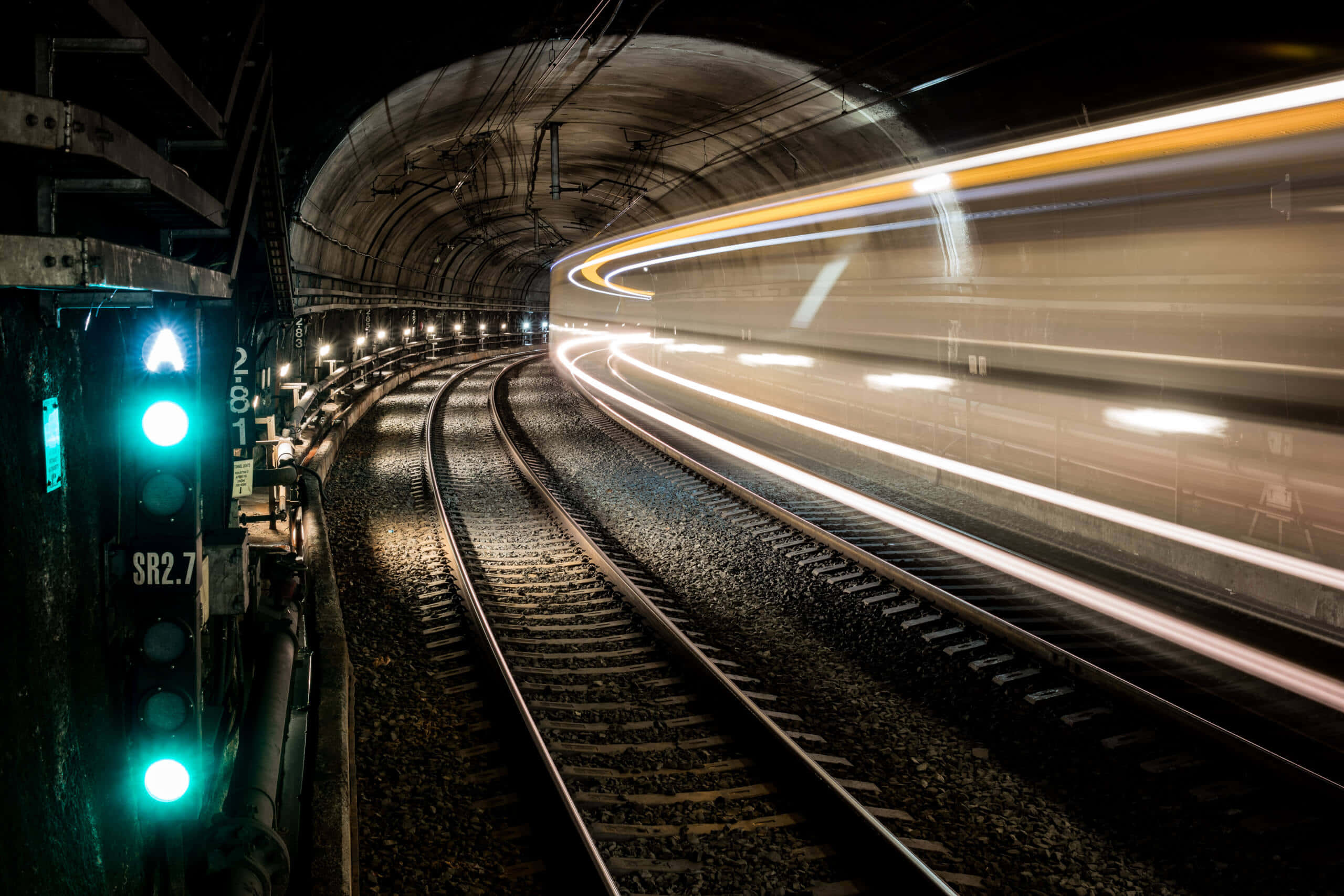 Metro, subway tunnel, glowing green signals, 2K Desktop Wallpaper