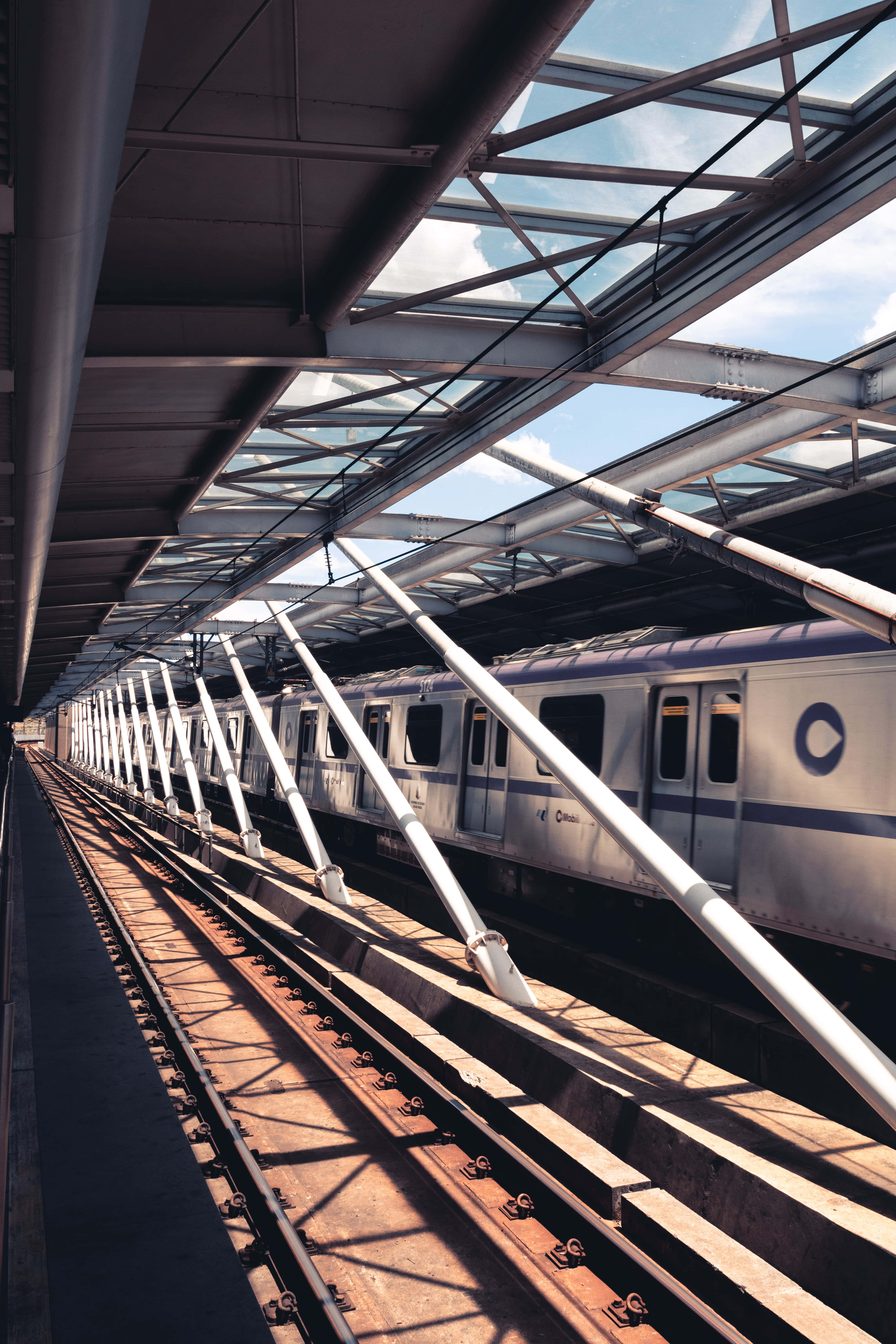 Metro, silver, glass and steel canopy, 5K Phone Wallpaper